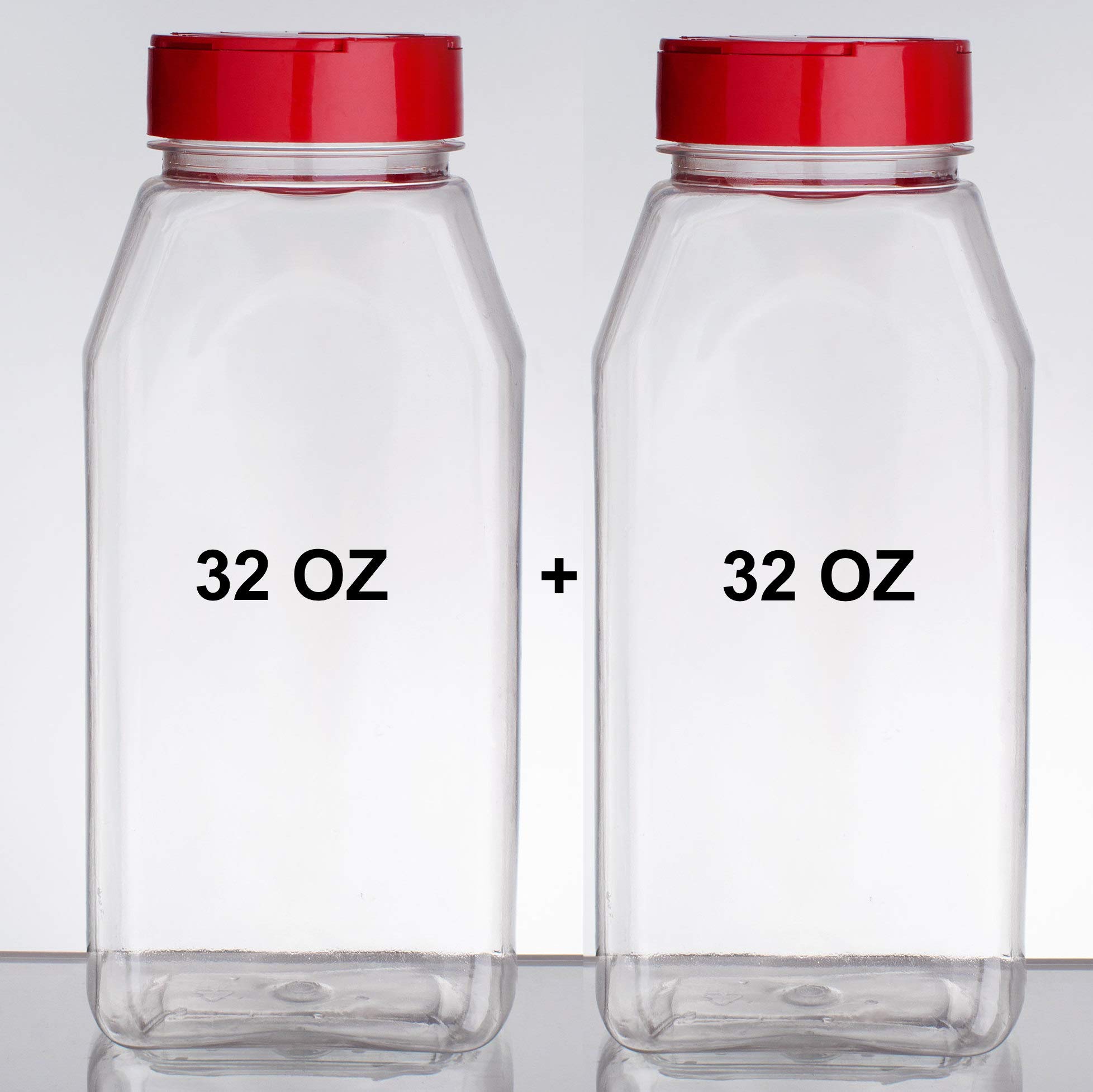 Reluen Set of 2 Spice Jars - 32 Onces Plastic General Use Storage Containers - with Red Dual Shake Lid