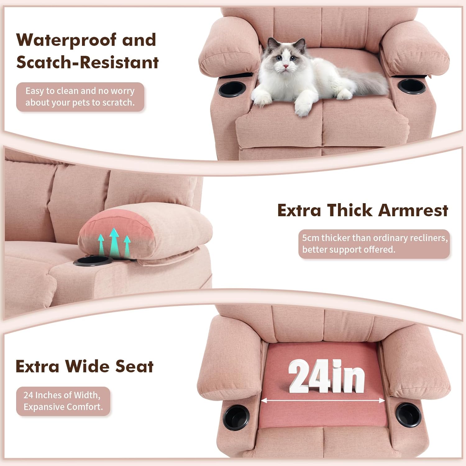 KCQ Oversized Swivel Rocker Recliner Chair with Massage and Heat, Fabric Heated Reclining Chairs Manual Recliner with Cup Holder for Adults, Nursery Rocking Glider Chair, Pink