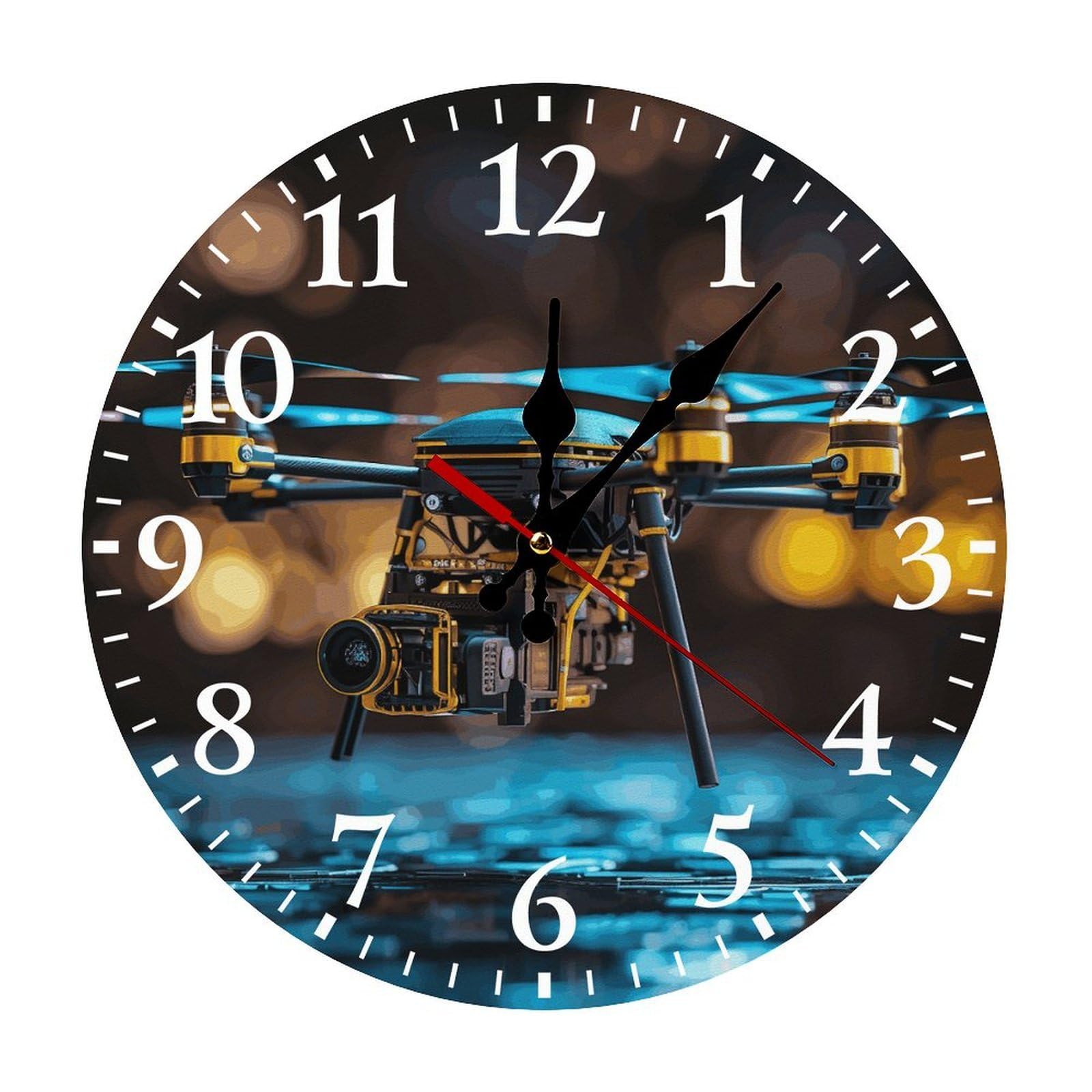 QMNLKH Drone Wall Clock for Home, Battery Operated Clock for Hotel, Round Wall Clock with Arabic Numerals White, Easy to Read, Non-Ticking Clocks for Living Room 25 * 25cm