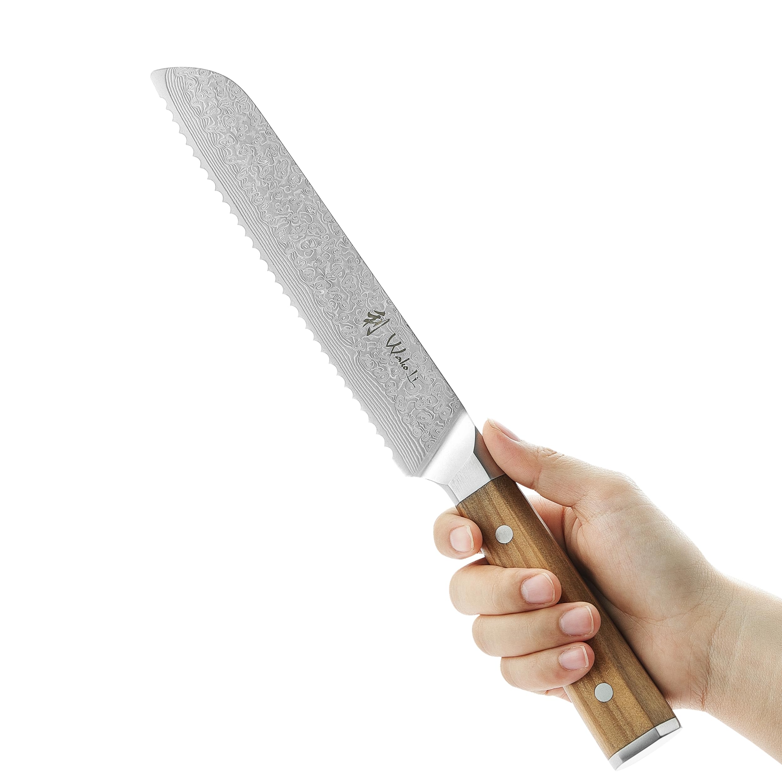 Wakoli Oribu Brotmesser mit 20 cm Klinge, VG10 Kern, 67 Lagen Damaststahl | Brotmesser: einseitiger 15° Wellenschliff, Full Tang, Olivenholzgriff, für Brot, Brötchen und Baguette, Geschenkbox