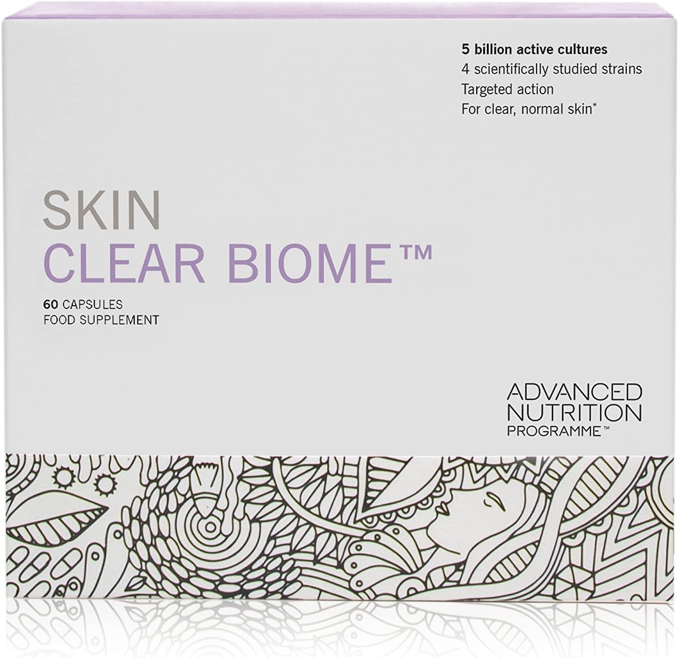 Advanced Nutrition Programme - Skin Clear Biome - Supplement for Stressed, Problem Skin, 60 Capsules - Supports Skin Health, Immunity and Gut Flora - with Beneficial Bacteria and Zinc
