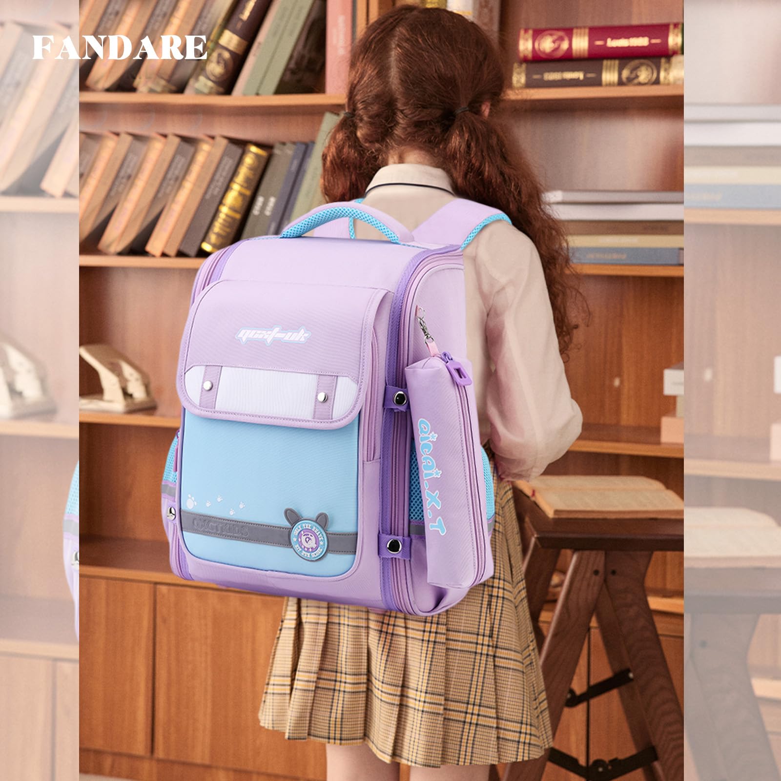 FANDARE Kinderrucksack 27L Schulranzen ab 4 Jahre, Jungen Mädchen Grundschule - Nachtreflektierende Sicherheitsstreifen & Federmäppchen Rucksack für Kindergarten & Schulbedarf