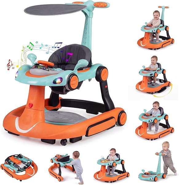 COSTWAY Girello per Bambini 6-in-1 Evolutivo, Centro Attività Pieghevole con Maniglia, Regolazione Altezza/Velocità, con Musica, Luci Tenda, per Neonati 6-18 Mesi (Verde+Arancio) - 1
