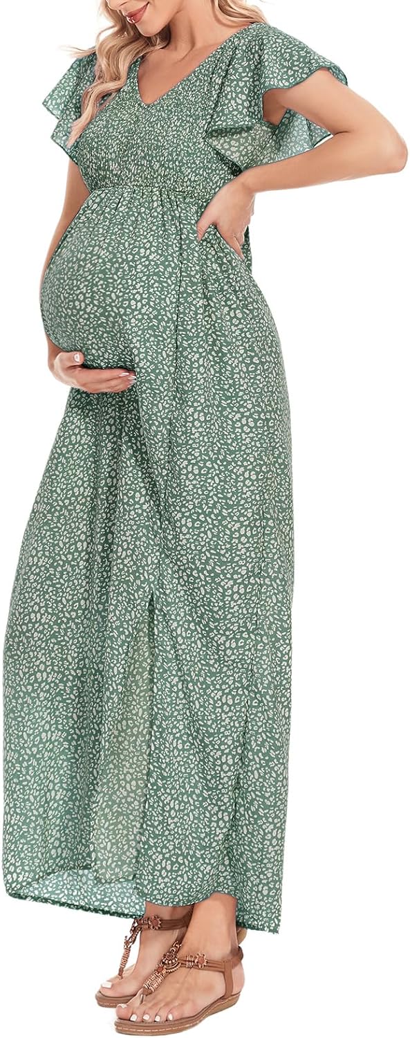 Floral Print V Neck Maternity Dress Boho Baby Shower Photoshoot Smocked Flutter Sleeve Split A Line Dress
