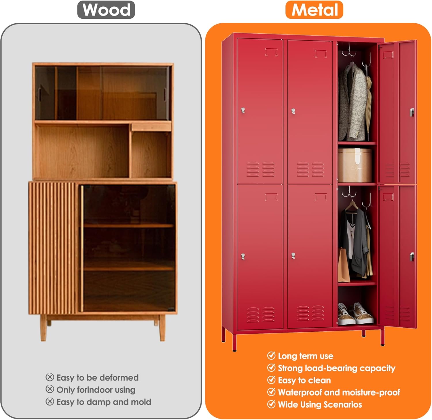 6 Doors Metal Lockers for Employees with 18 Hooks,Meta Storage Locker with Business Card Holder for School Office Gym Garage Home,Assembly Required,Red