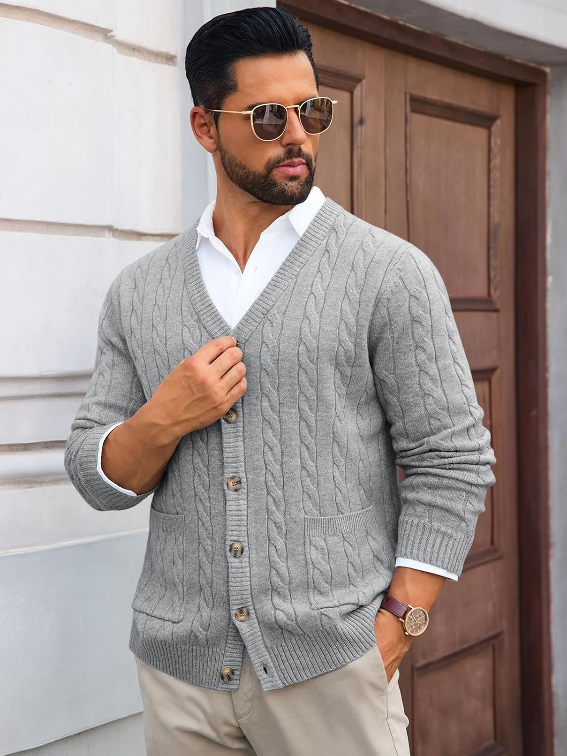 Runcati Mens Cable Knit Cardigan Sweater V Neck Casual Button Down Sweaters Long Sleeve Fall Outwear with Pockets - Image 2