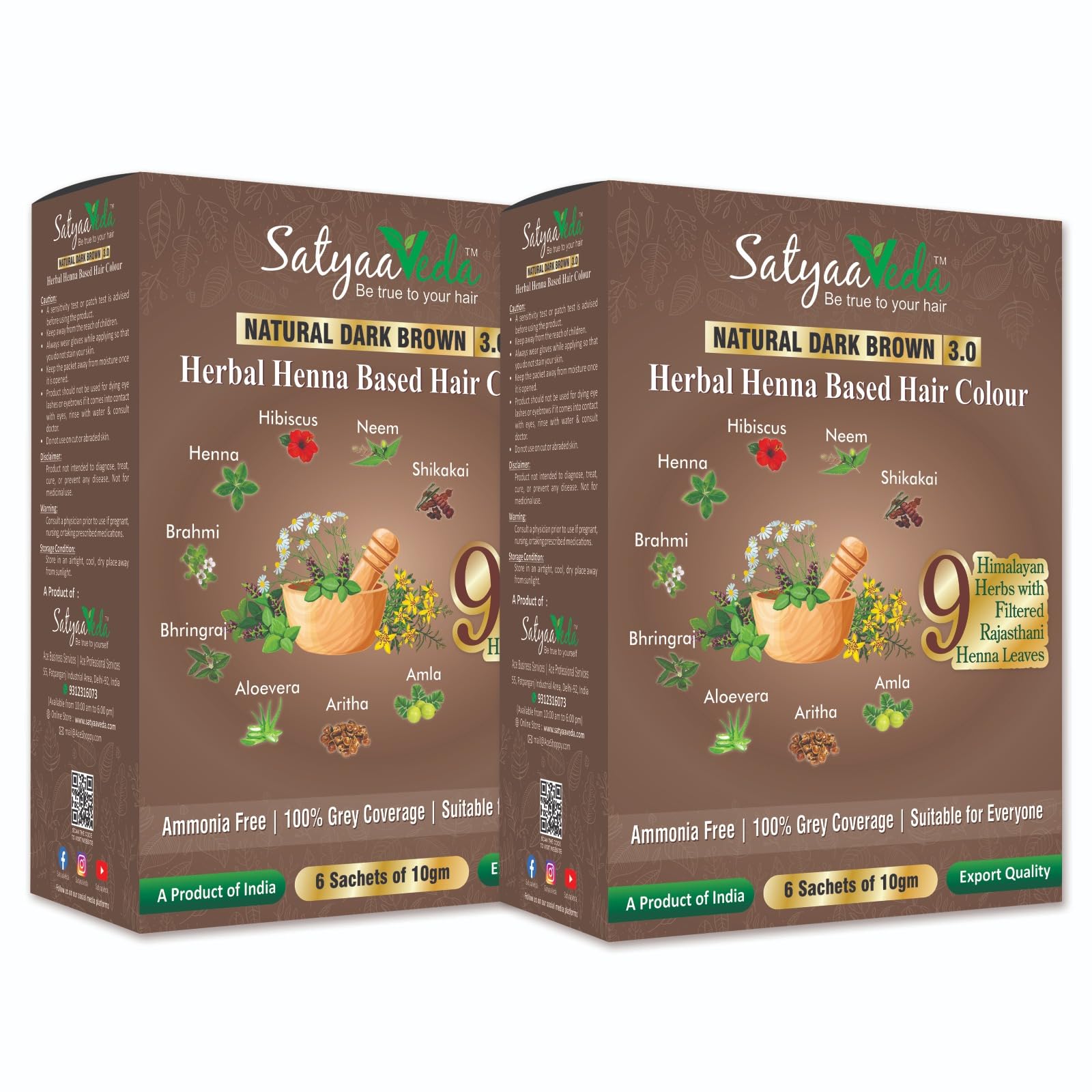 SatyaaVeda Dark Brown Ammonia Free Herbal Hair Colour with 9 Ayurvedic Herbs - Amla, Reetha, Shikakai, Aloe vera, Bhringraj, Brahmi | Grey Coverage & Natural Shine | Dye for Men & Women I 120g powder