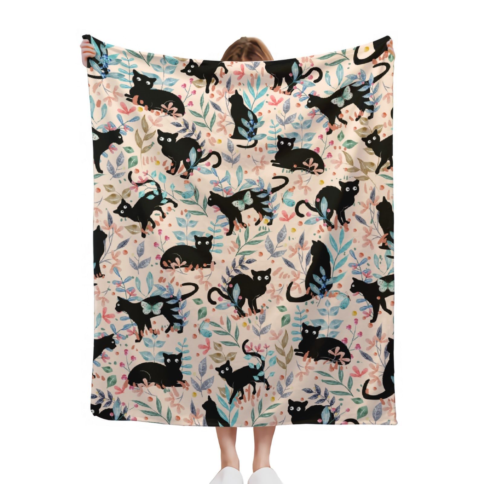 Yukisbea Cat Gifts - Floral Cat Blanket for Home Decor - Plush Warm Cozy Blanket for Couch/Travel/Camping - Halloween Birthday, 50