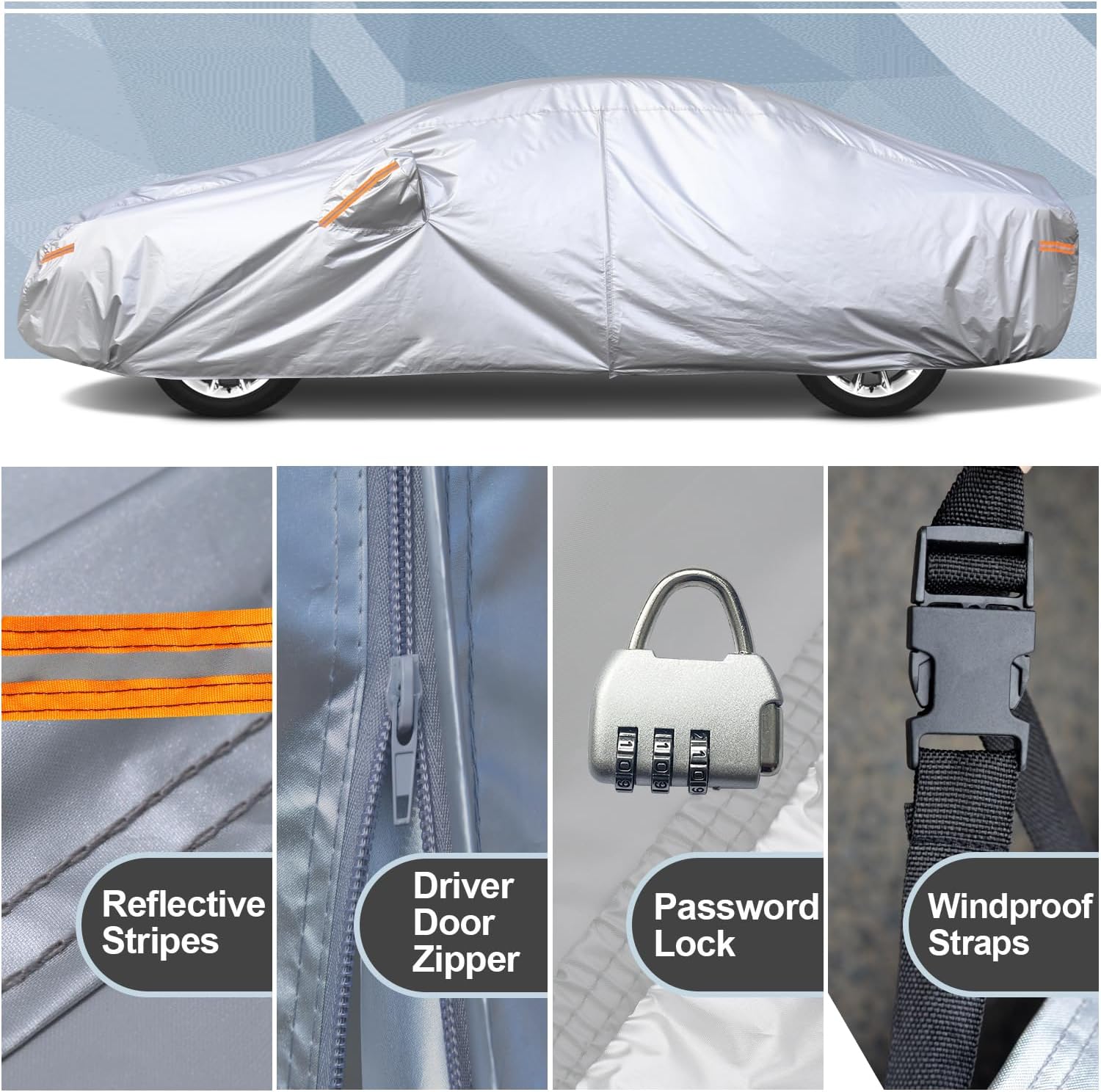 Kayme Car Cover for Automobiles All Weather Waterproof with Lock and Zipper Door, Outdoor Cover Sun Uv Rain Protection, Fit Sedan (186 to 193 Inch) H3
