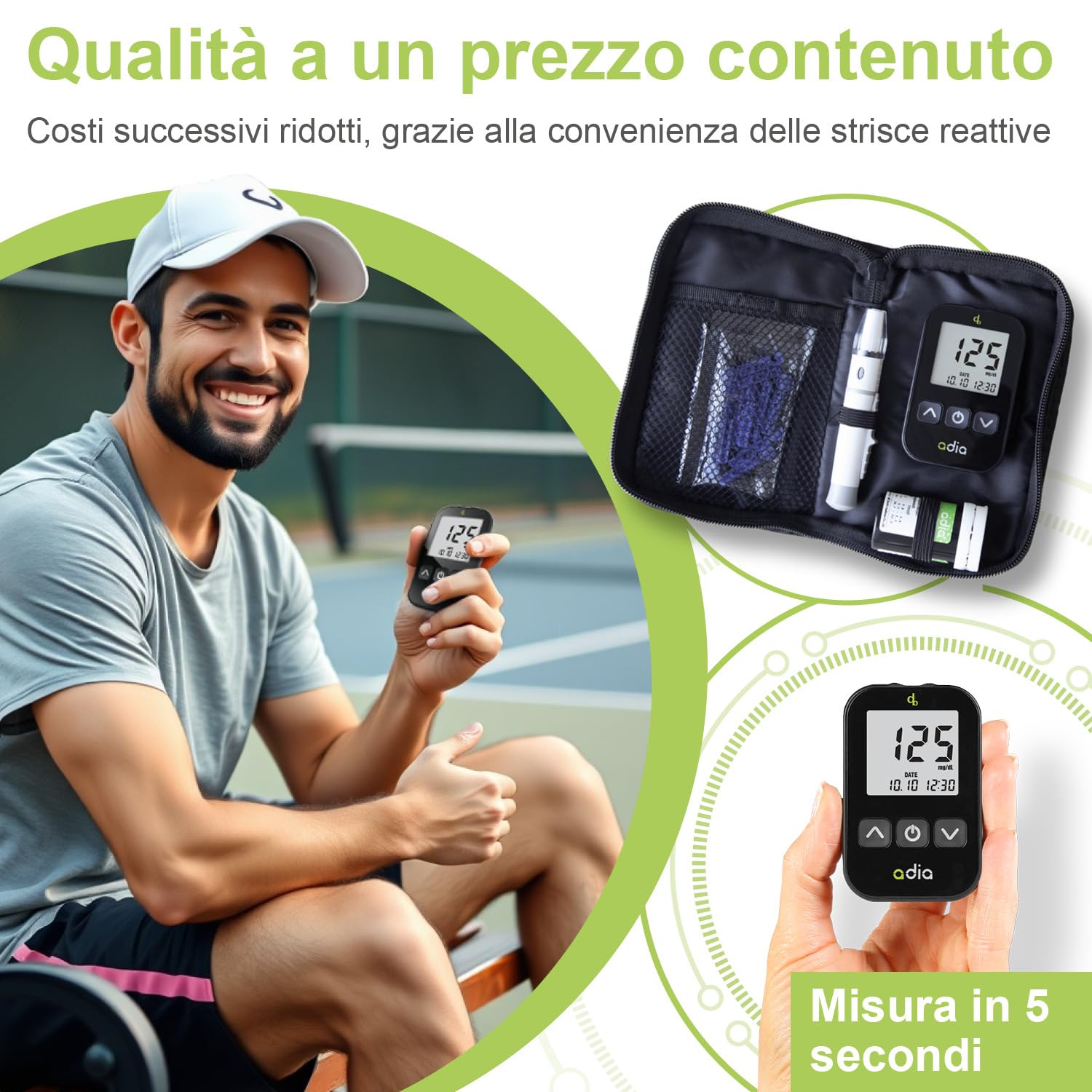 adia glucometro (mg) + 110 strisce per glicemia + 110 lancette, 1 pungidito, 1 astuccio, glicemia misurare kit completo per il monitoraggio della glicemia per diabetici