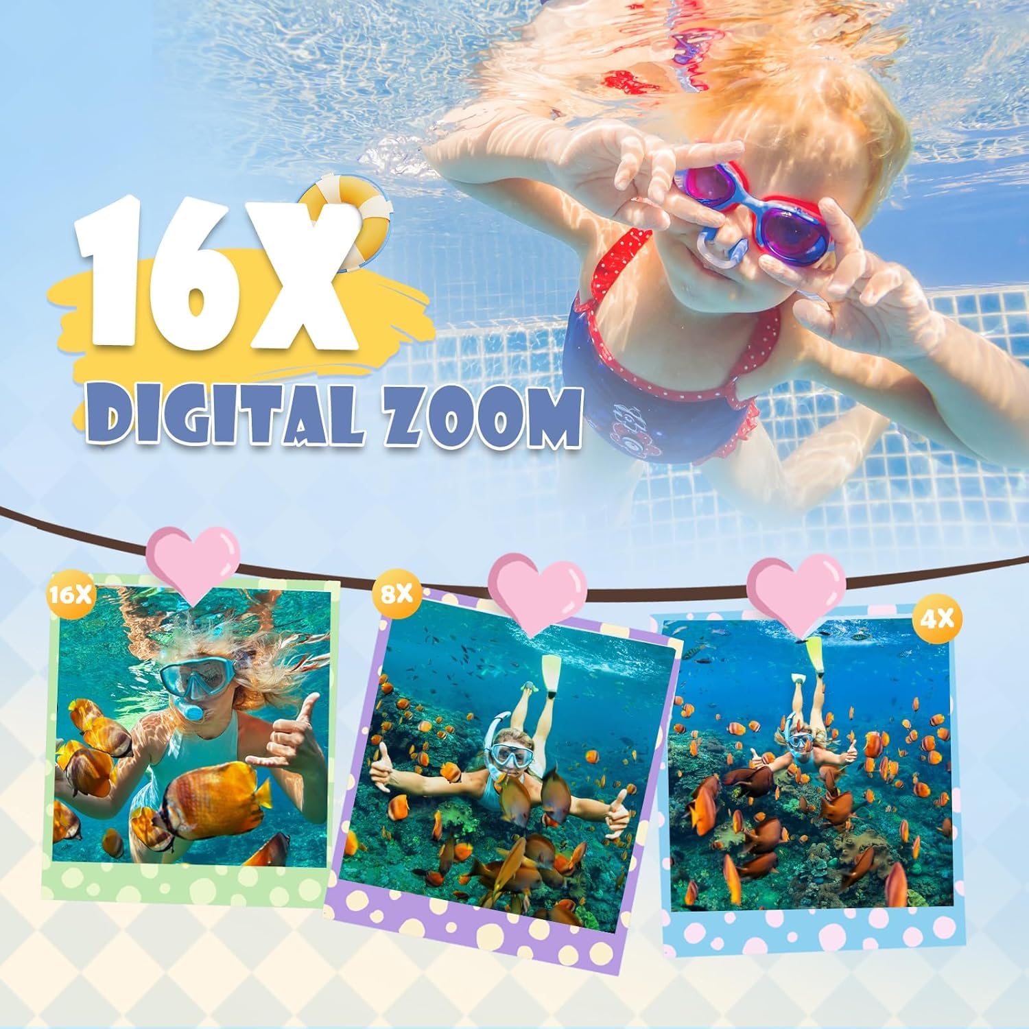 Cámara Digital Impermeable,Couleeur Full HD 2.7K 48MP Doble Pantalla Anti-Shake con micrófono LED Disparador automático y Zoom Digital 16X para niños Adolescentes (Azul)