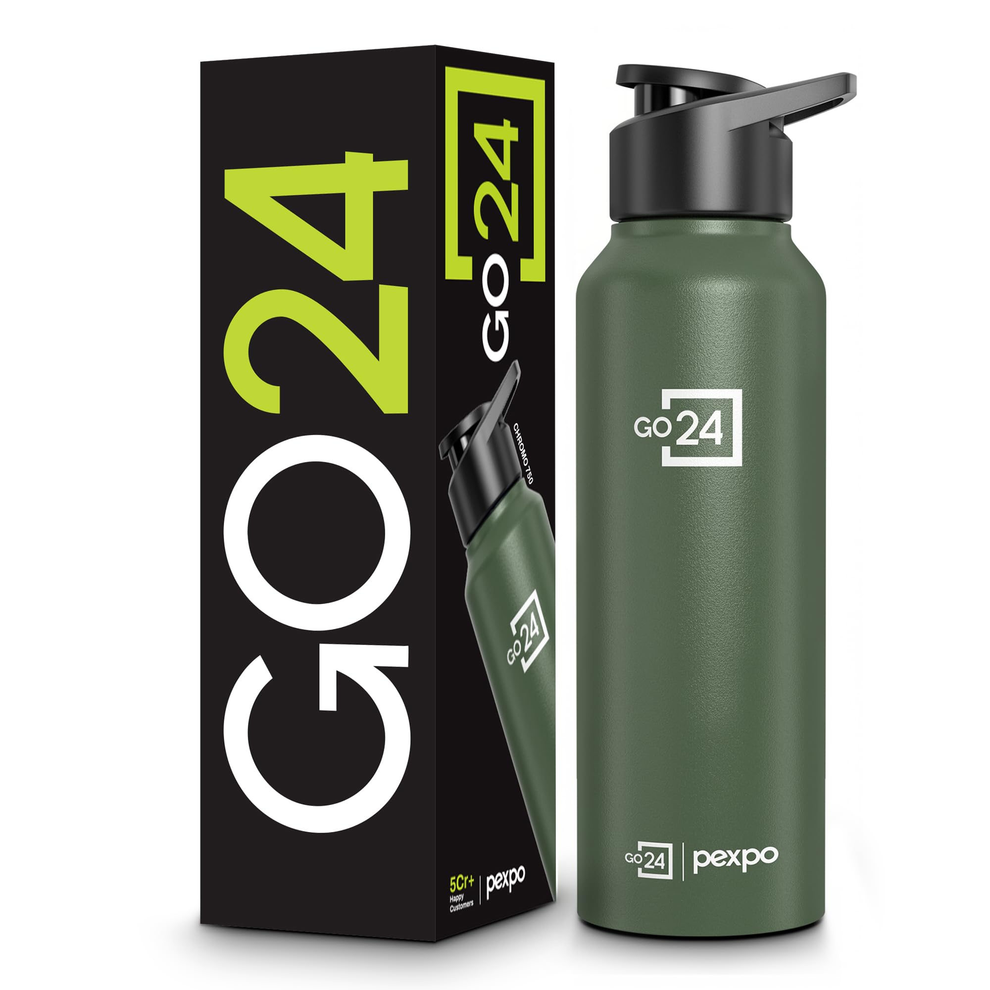 Go24 pexpo Stainless Steel Water Bottle Chromo Military Green 750ml