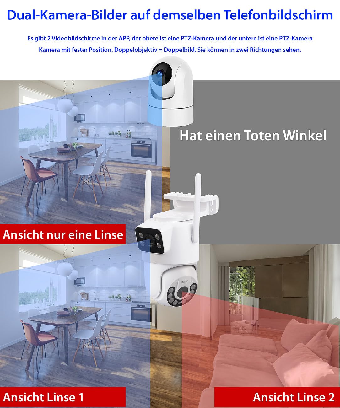 7links 2K-Überwachungskamera: 2er Dual-Objektiv-IP-Außen-Kamera, 2X 2K, 3MP, Pan-Tilt, 360°, WLAN (Dual-Objektiv-Überwachungskamera, Panorama-außen-Überwachungskamera, SD Karte)