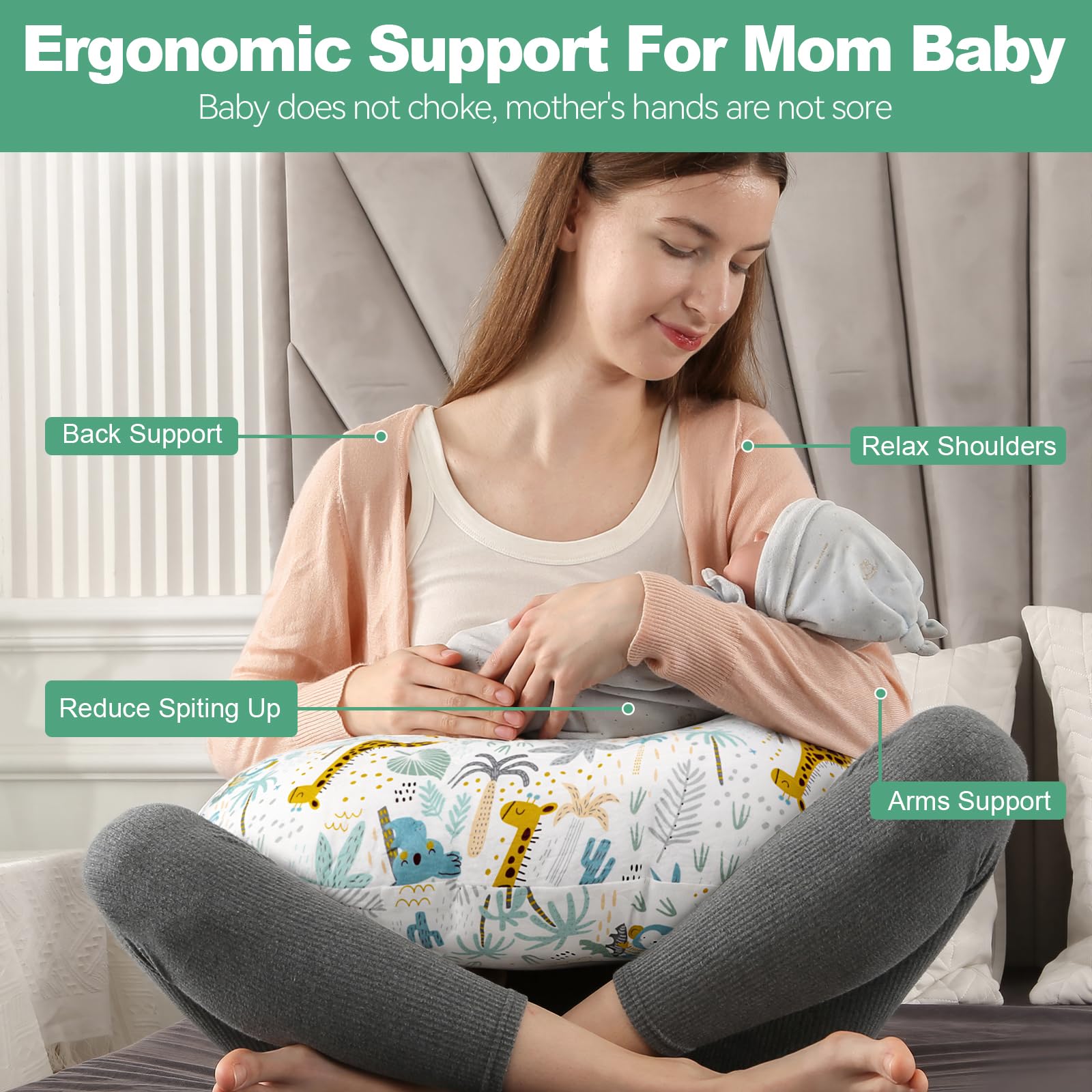 Labtec Small Nursing Pillow for Breastfeeding Baby Multifunctional Breast Feeding Pillow 100% Cotton Removable Pillowcase, Zoo Pattern - Image 4