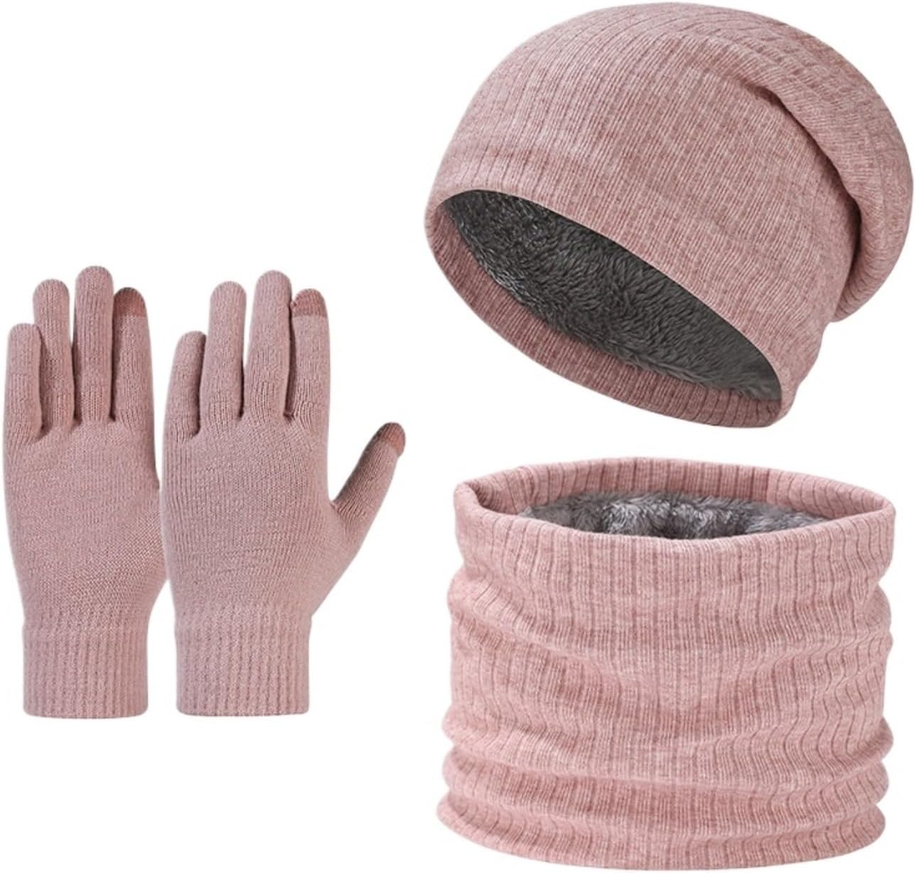 Hat Scarf Gloves Set Winter Warm Knitwear 3 Piece Set of Hat Scarf and Gloves Winter(Pink)