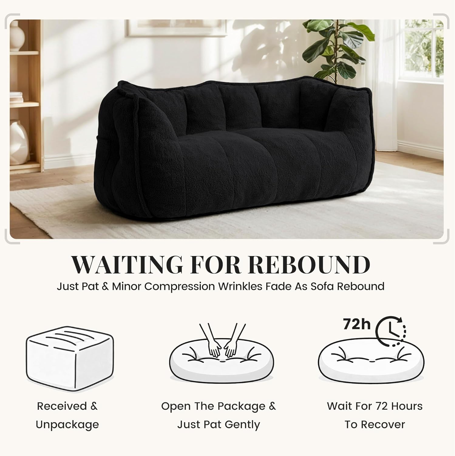 59" Bean Bag Chair, 2-Seat Loveseat Sofa Bed for Adults, Washable Cover,72H Rebound, Fluffy Comfort for Living Room,Bedroom,Black