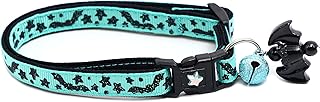 Bats & Stars Halloween Cat Collar with Bell | Safety Breakaway Collar | Adjustable Large Size or Kitten Collar (Large(10lbs & Up), Aqua)