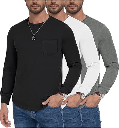 3 Pack Mens Long Sleeve Pure Cotton T-Shirt Crewneck Pocket Tee Longline Casual Lightweight Fall Basic Shirts