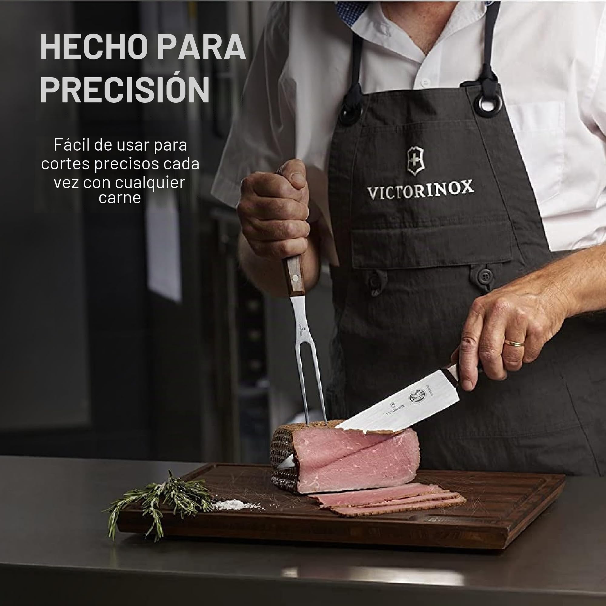 Victorinox Wood, cuchillo profesional para trinchar, hoja extra afilada, afilado recto, 22 cm, elegante mango de madera, acero inoxidable, marrón