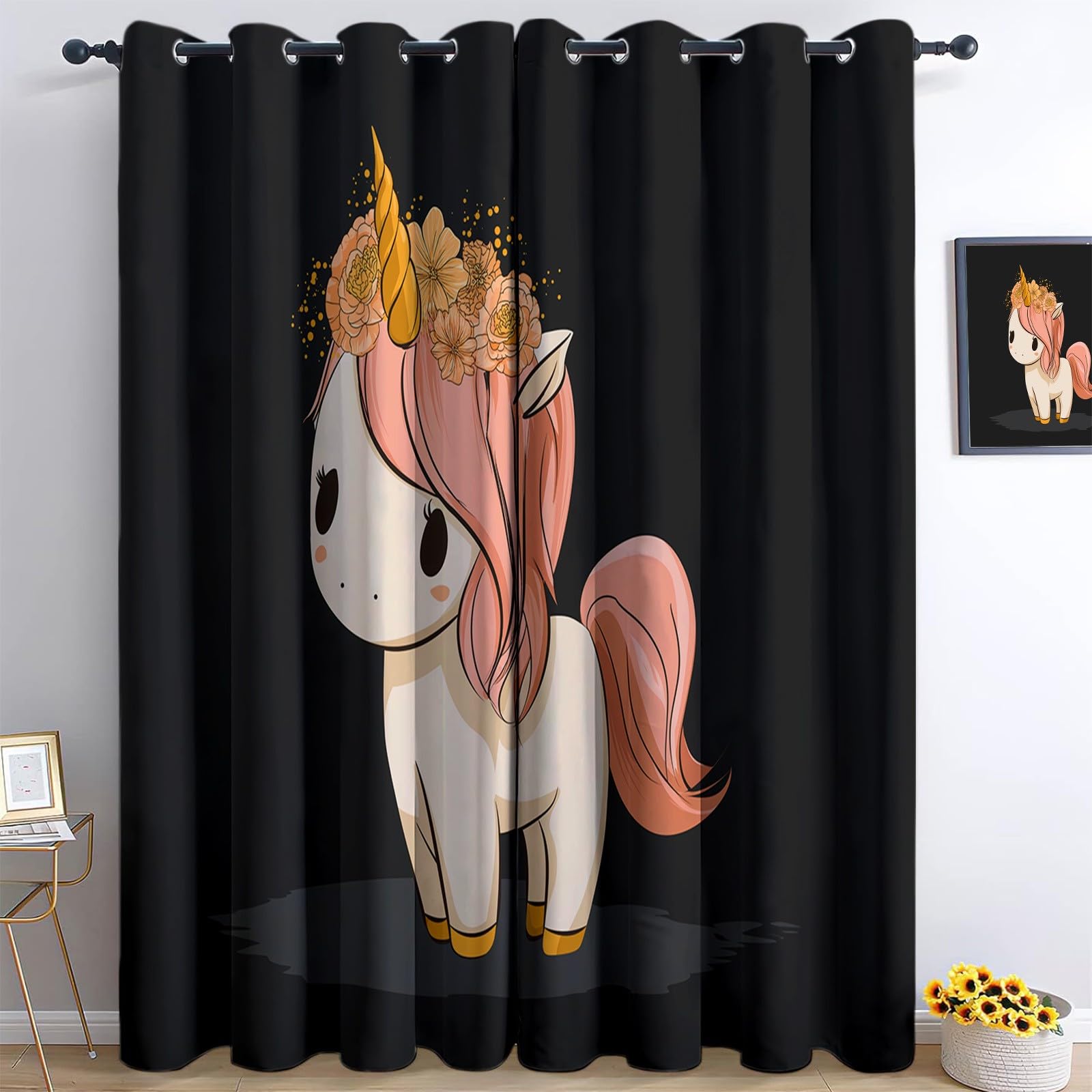 Fleurs Licorne Rideau Occultant, Style Dessin Animé Rideau Thermique Isolant Tenture Opaque à Oeillets Draperies IntéRieurs pour Chambre Salon Décoration 2 Panneaux 110L x 215H cm