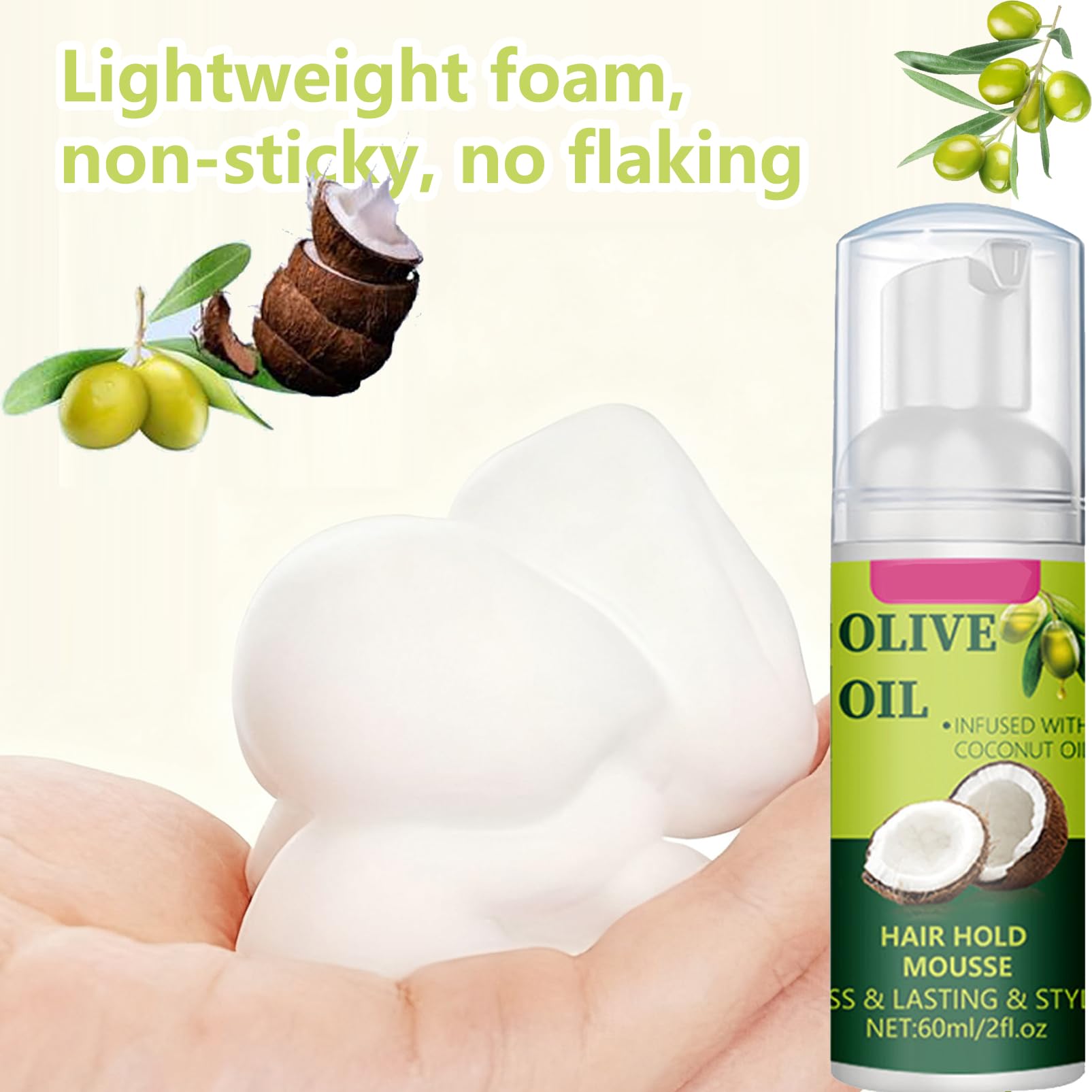 Olive Oil Hair Styling Mousse 2PCS Coconut Infused Wrap/Set Foam for Curl Definition,Long-Lasting Hold - Image 2