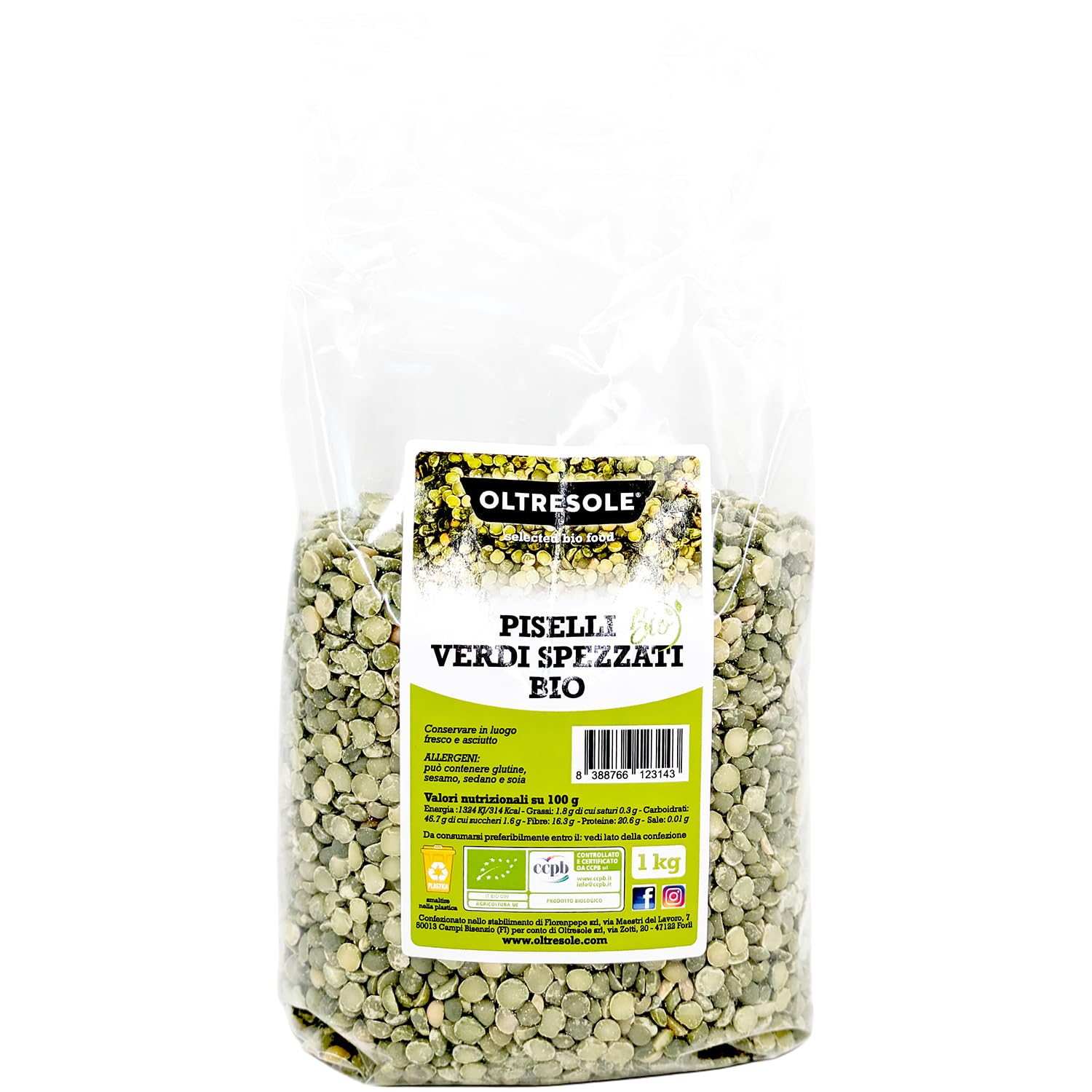Oltresole, Pois verts fendus biologiques 1 kg, Légumineuses sèches décortiquées et fendues biologiques, pas de trempage nécessaire, source de protéines, idéal pour les soupes, Ideal Family Pack