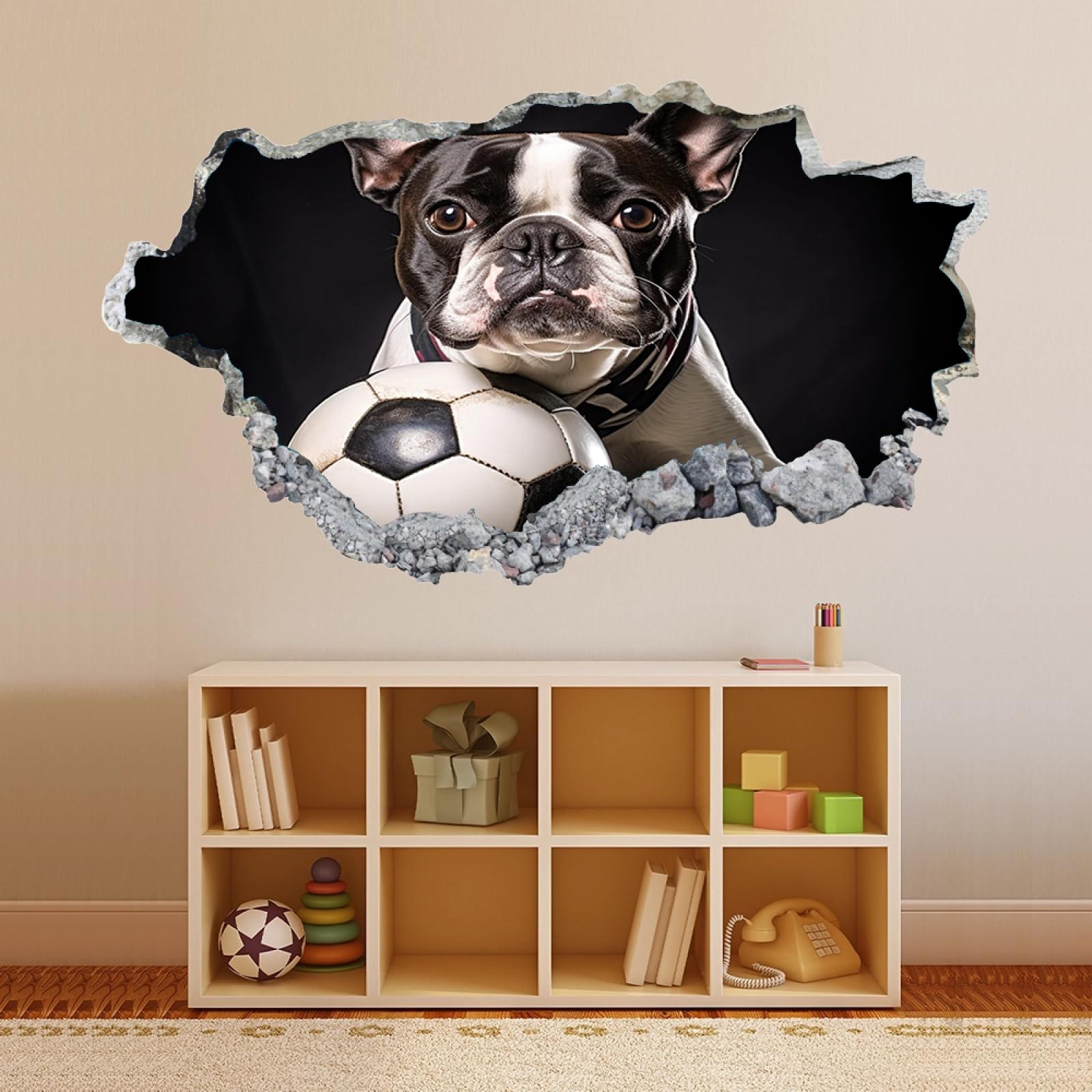 Adesivo murale 3D Animale Cane Da Calcio Adesivi Murali Smashed Impermeabile Tatuaggio da parete per bambini Camera da letto Soggiorno Sala giochi Home Decor 70x122cm