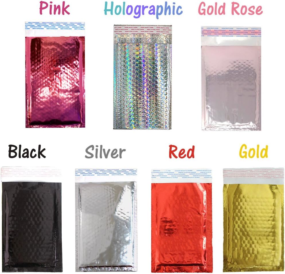 5x9 Metallic Glamour Bubble Mailers, Fun Colors Padded Air Cushioned Poly Waterproof, Tear Proof Shipping Envelopes, Peel and Seal Aurora Thank You Stickers (All Colors, 100 Pack)