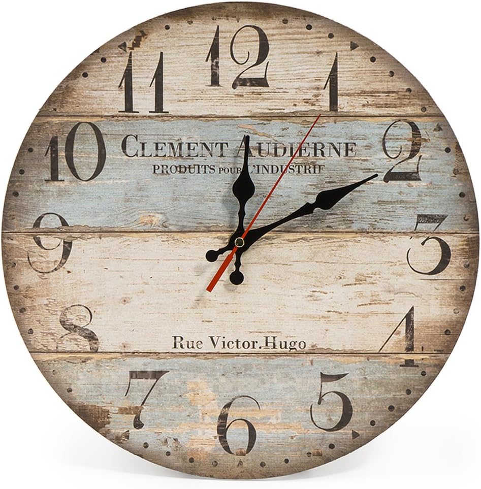 30cm Silent Wooden Round Wall Clock Vintage Rustic Chic Style Arabic Numerals Wooden Round Decorative Wall Clock (Victor Hugo)