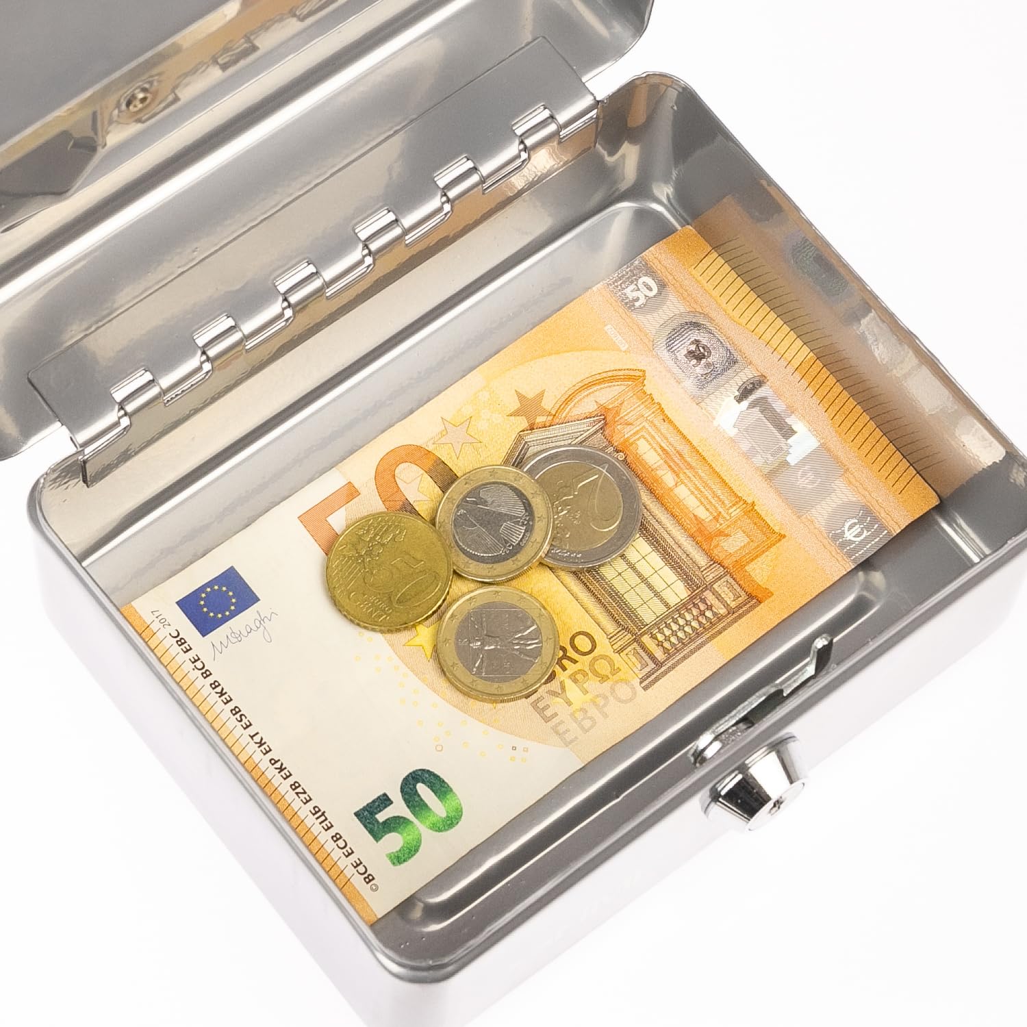 HMF Cassetta portavalori con chiusura a chiave, Cassa con inserto portamonete, 6 scomparti per monete | 15 x 12 x 8 cm | Argento