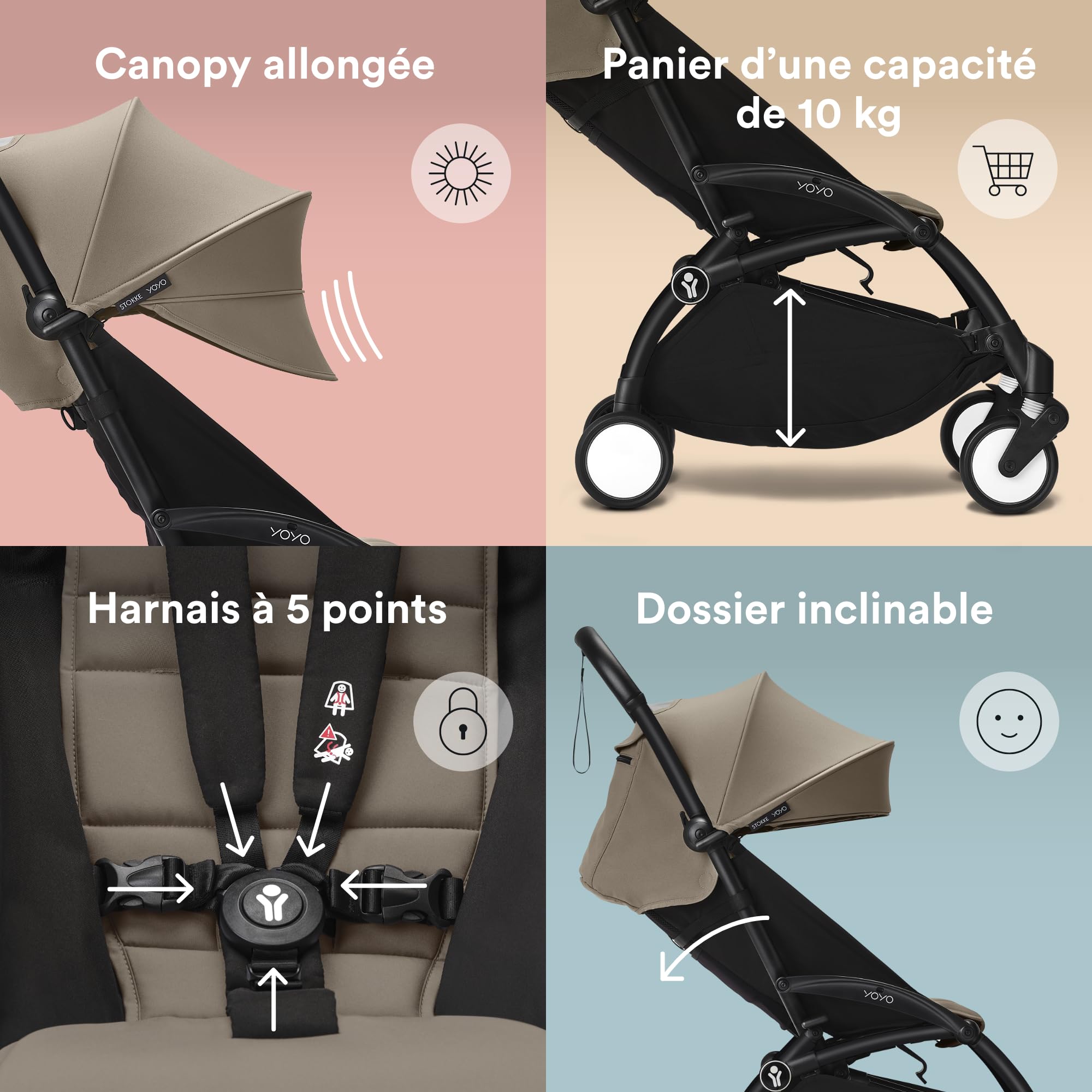 Poussette Stokke YOYO3 6+ - Cadre noir + pack couleur 6+ taupe + capote - Pliage facile, légère et compacte - Compatible bagage cabine