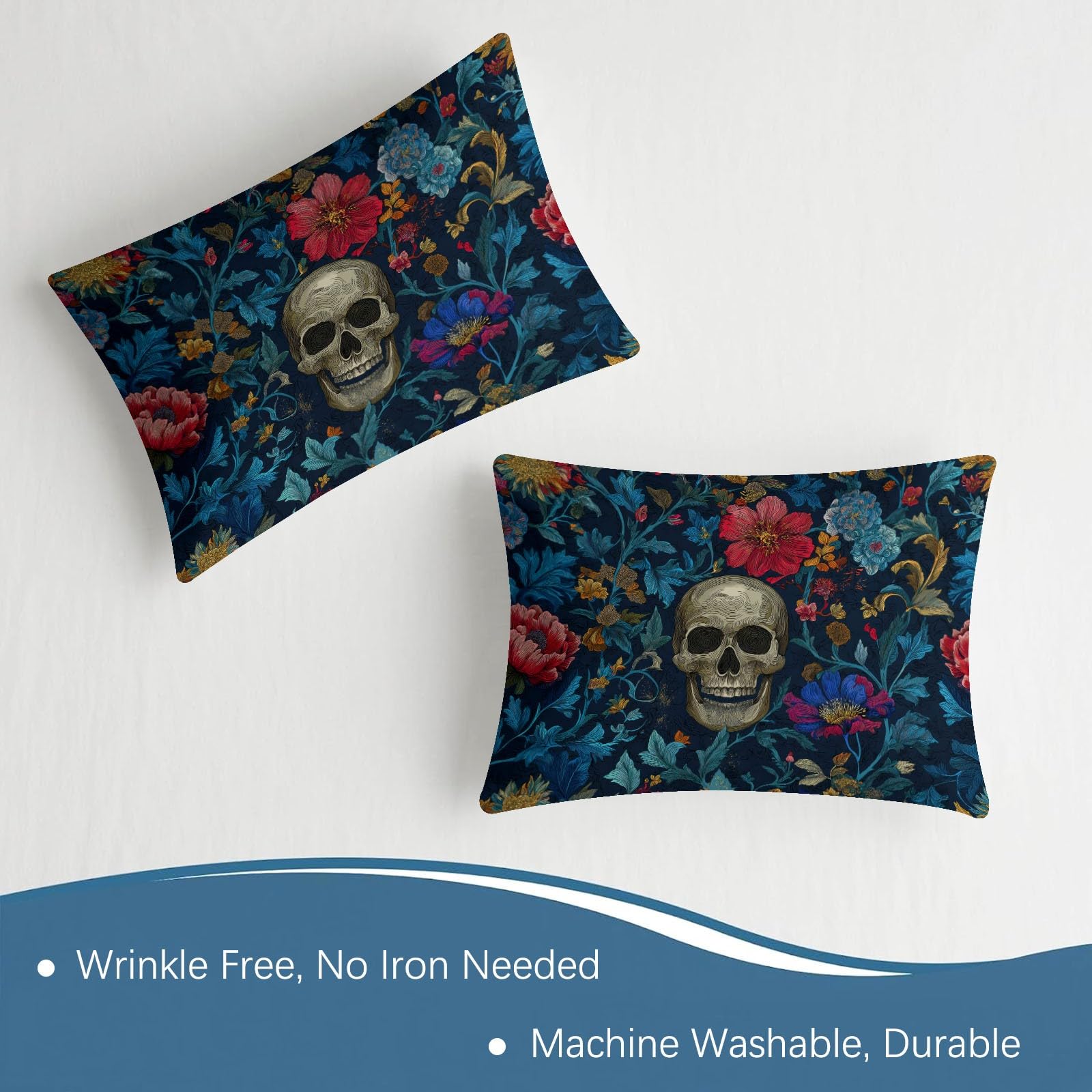 Juego de sábanas bajeras ajustables de 3 piezas, 140 x 200 cm, diseño de calavera, de microfibra, color azul gótico, suave y agradable a la piel, transpirable, hipoalergénica, para colchones de hasta