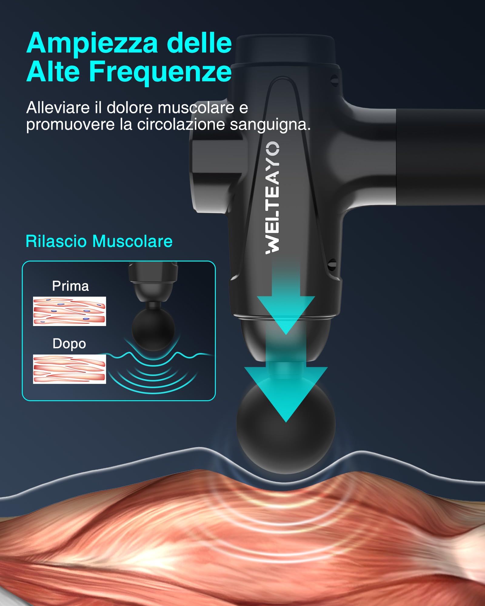 Pistola Massaggio Muscolare, 30 Velocità Pistola Massaggiante Muscolo Profondo Tessuto,2500 mAh,3200RPM Silenziosa Massaggiatore Elettrico Portatile Muscolare 6 Testine di Massaggio con Tipo-C