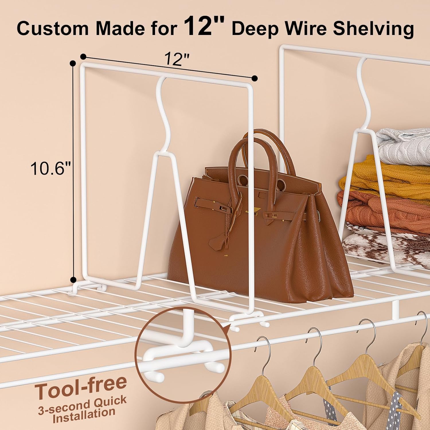 Tall 8 Pack 12-Inch Deep Adjustable Shelf Dividers for Closet, Metal Rack Organizer for Clothes, Purses, Bags, No Tools Required