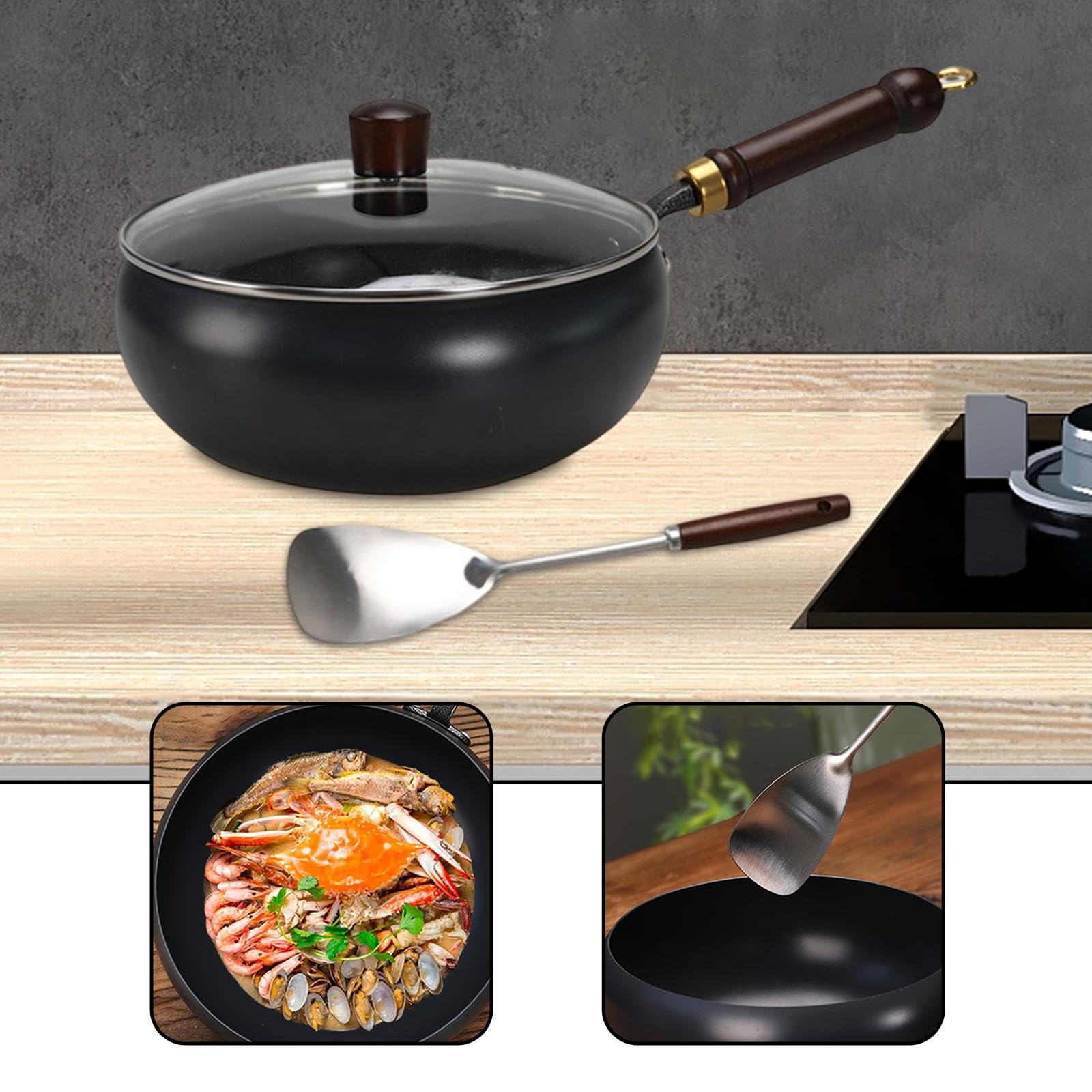 Wok Antiaderente per Cucinare, Manico Ergonomico, Adatto per Cucinare Cottura, con Coperchio, Padella Ideale per.., Copertura in vetro da 28 cm