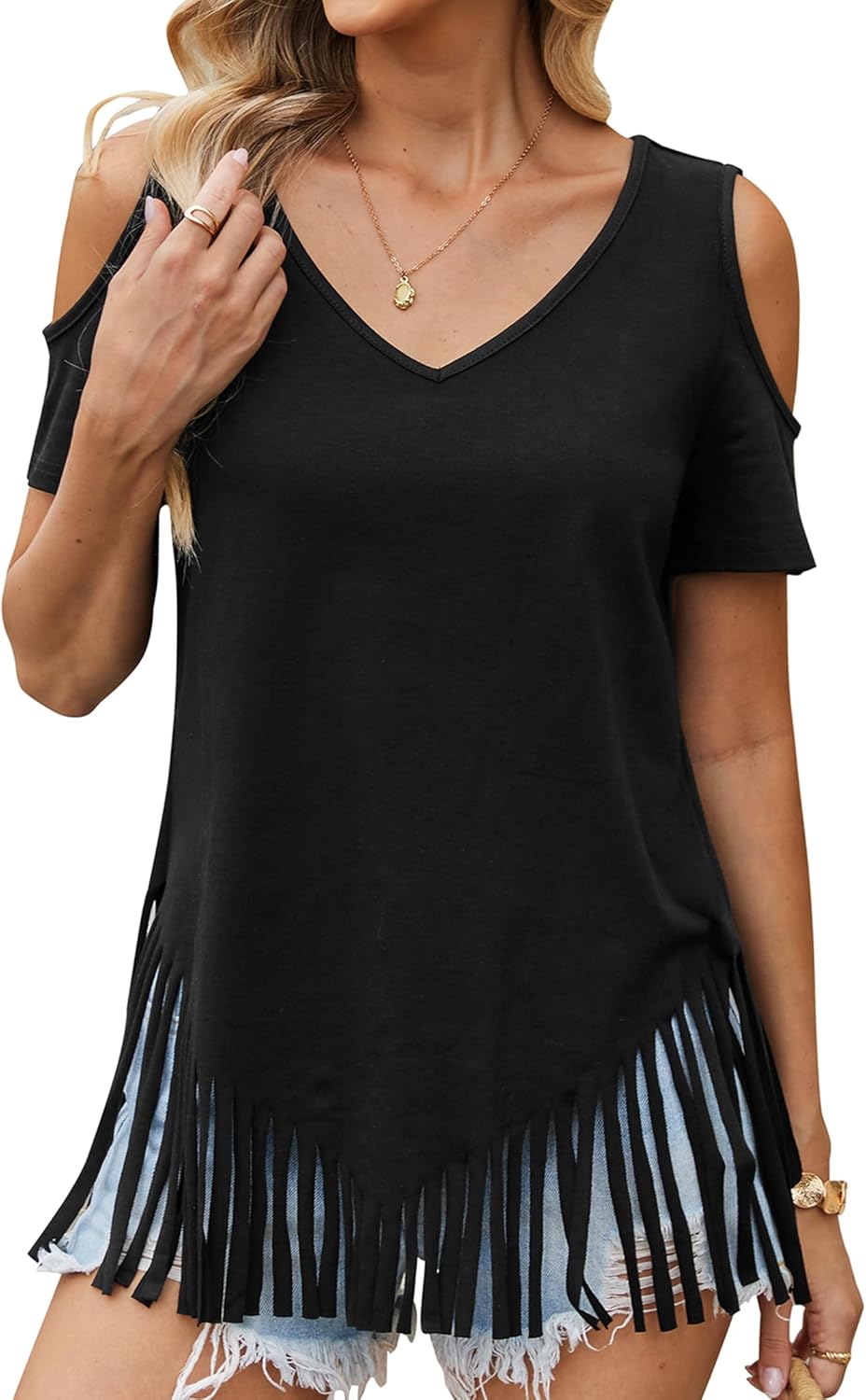 Remidoo Fringe Tops for Women Cold Shoulder Top Cowgirl Loose Short Sleeve V Neck T Shirts - Image 4