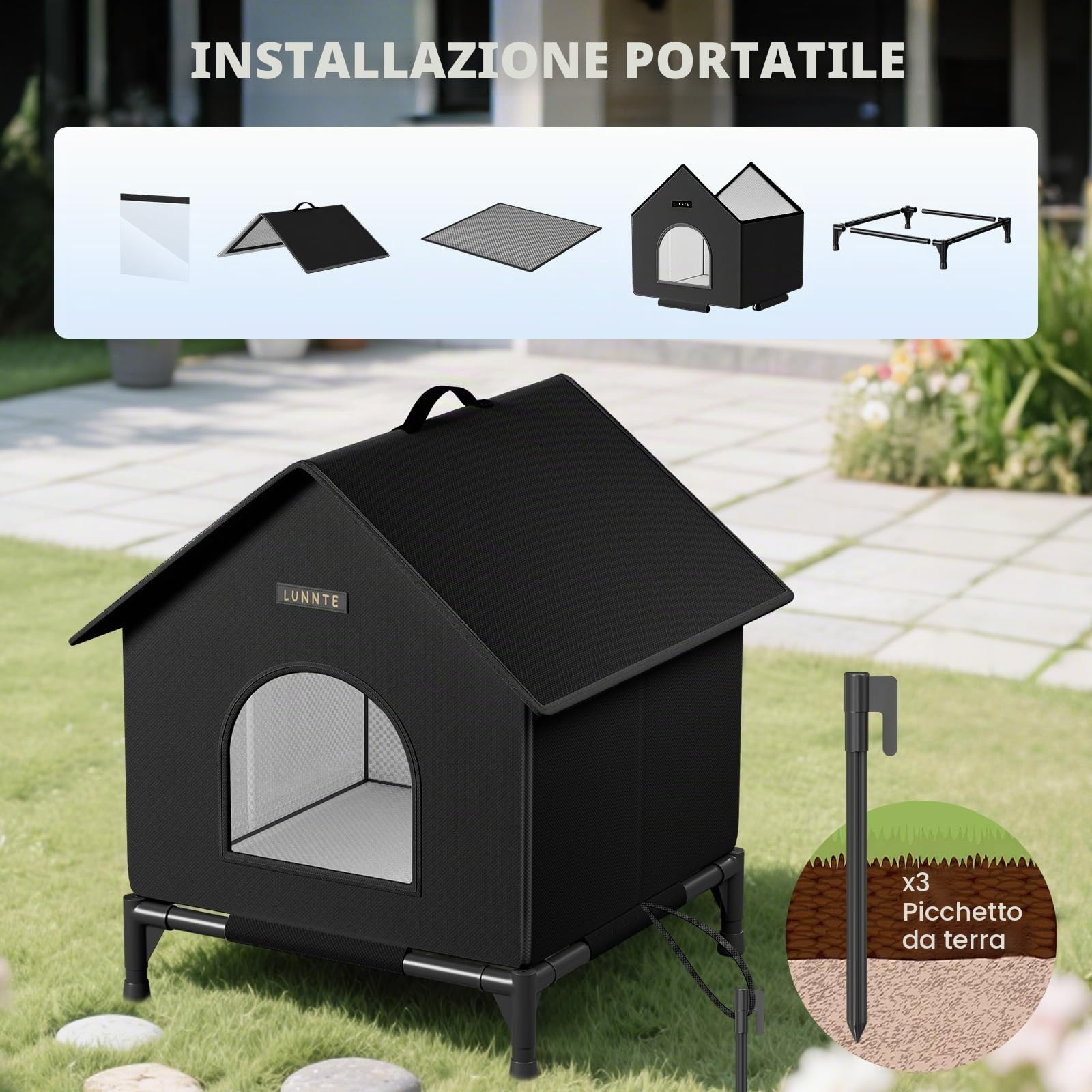 Cuccia per gatti da esterno con design rialzato, impermeabile, per esterni, calda grotta per cani con tenda per porta, lavabile, riparo per animali domestici randagi (nero, L)