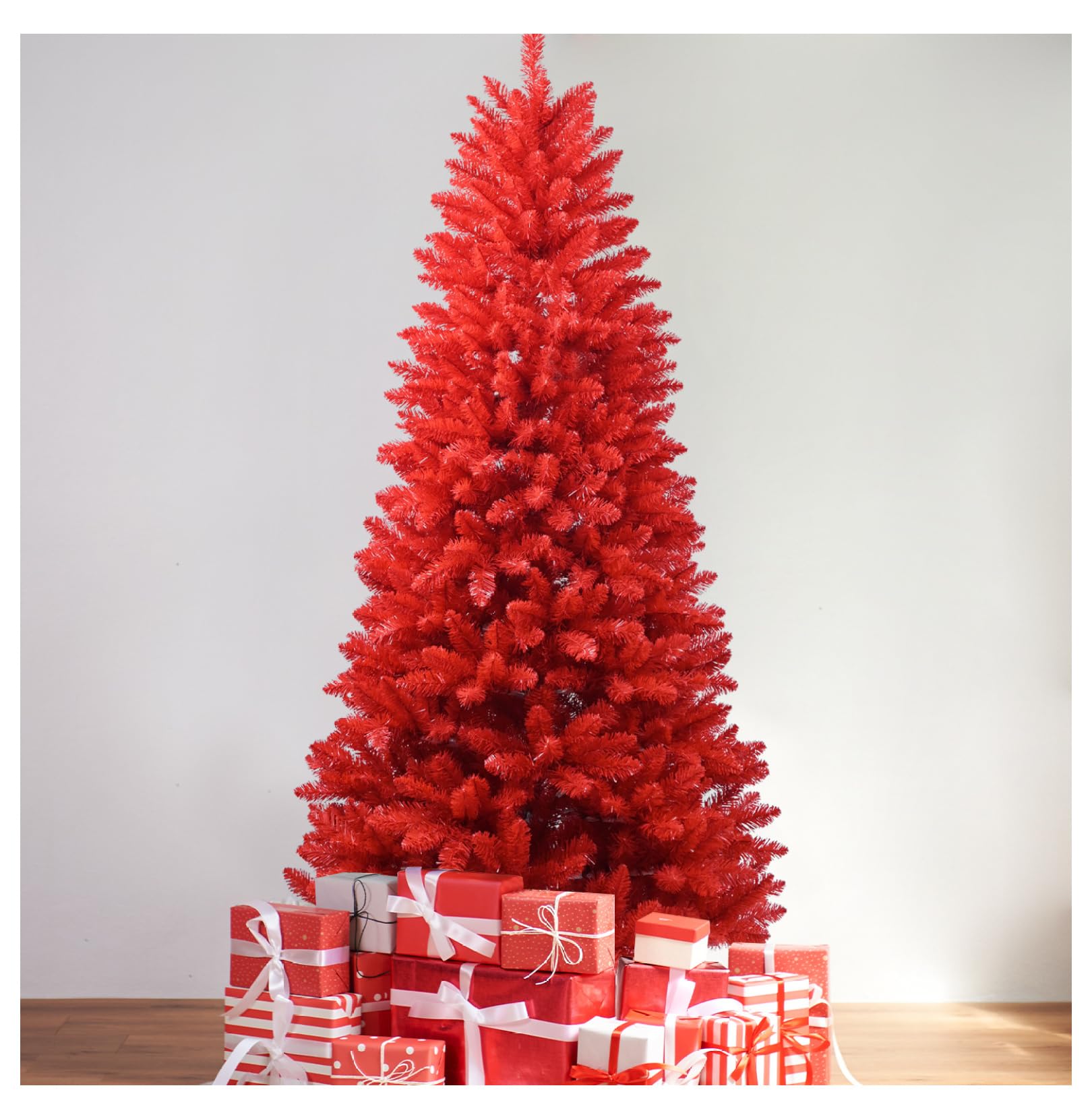 6ft Red Christmas Tree - PVC Tree with 804 Tips, Hinged Branches, Metal Stand - Vibrant Pure Red Holiday Decor for Home & Parties
