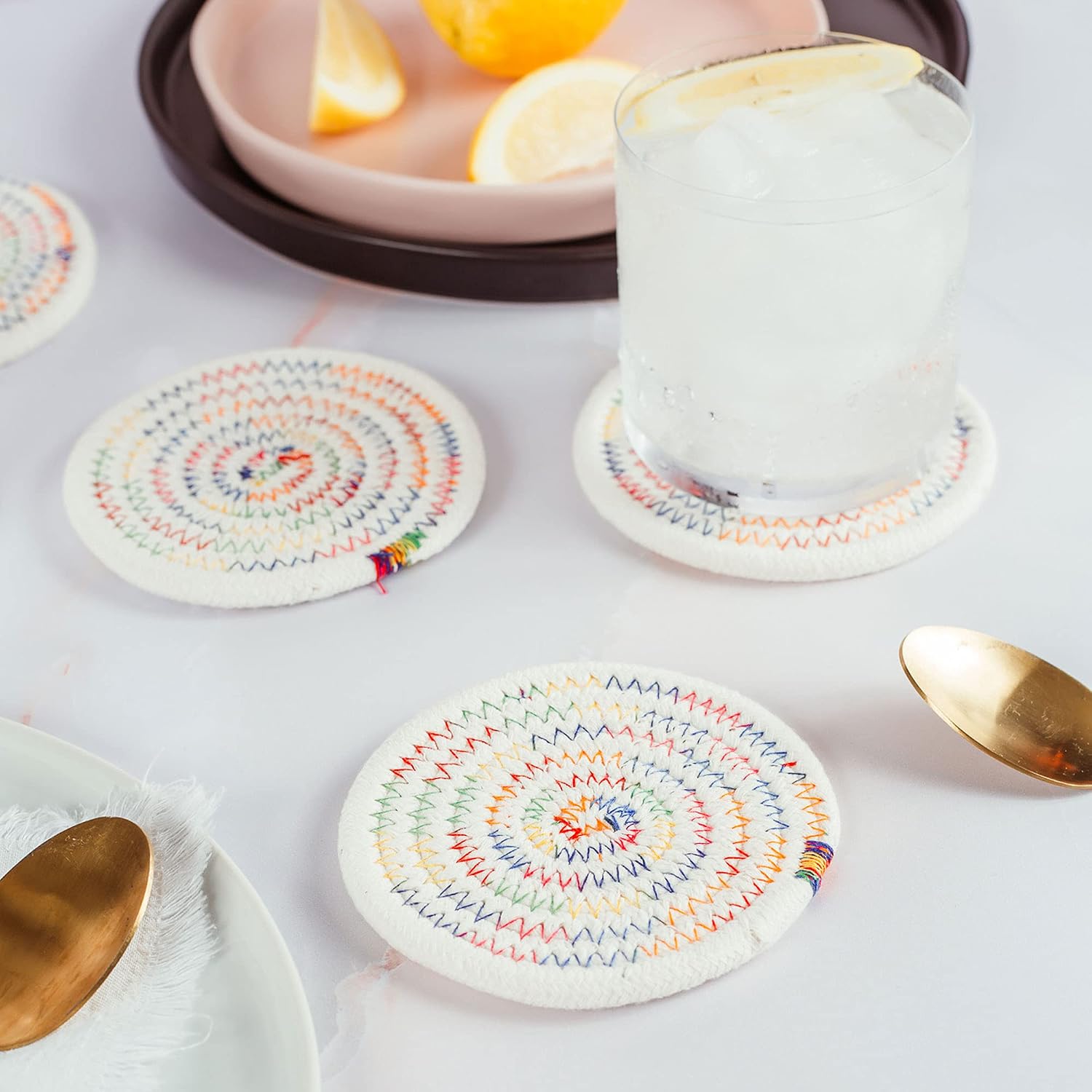 OrganiHaus Rainbow Drink Coasters Set of 6, Absorbent Cotton Woven Cup Coasters, Rustic Farmhouse Boho Decor for Coffee Table and Drinks Protection, Cute Coaster for Drinks, Coaster for Office Desk