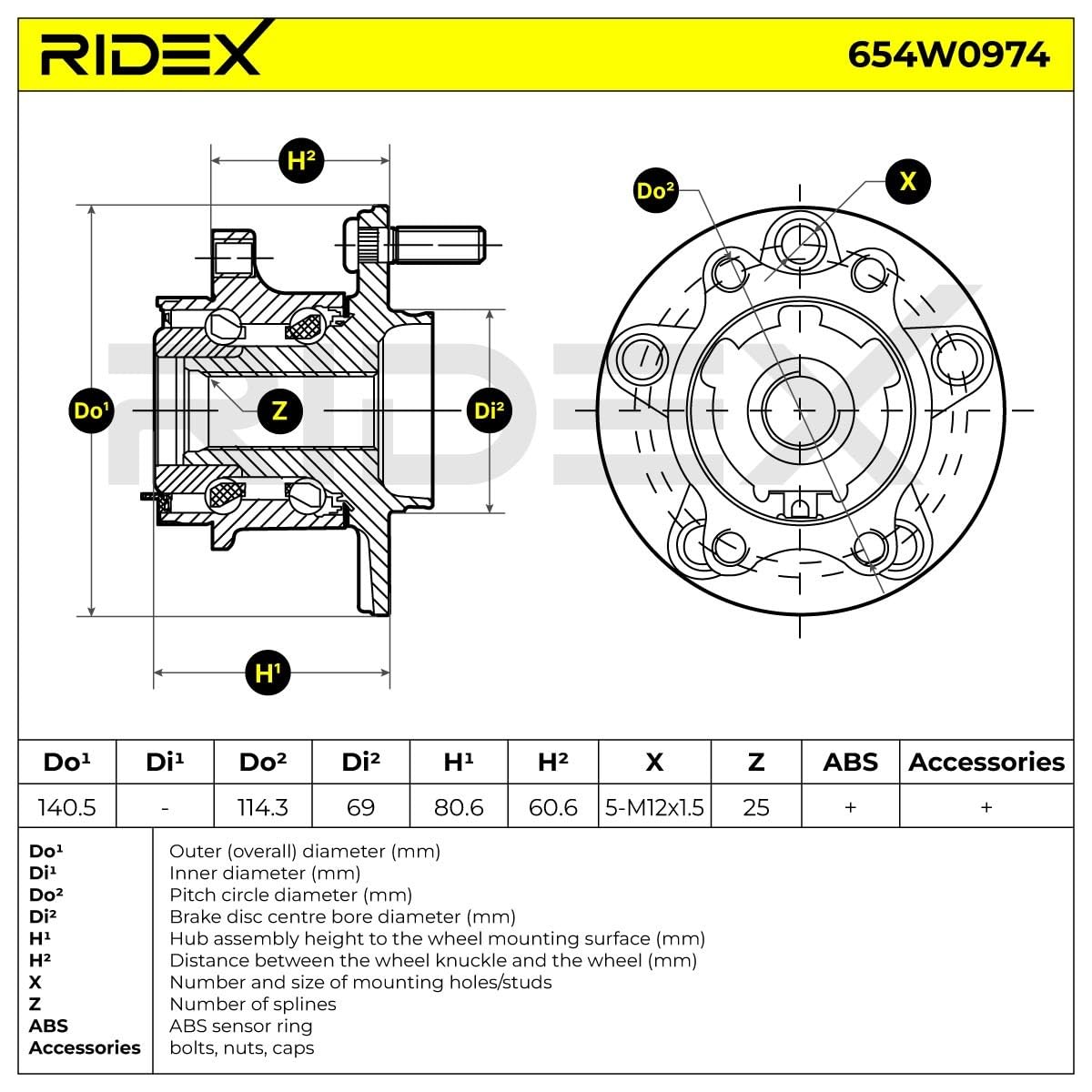 RIDEX 654W0974 Kit de roulement de roue Arrière Gauche Arrière Droite Arrière avec bague magnétique intégré Roulement de roue intégré au moyeu de roue avec bague ABS avec vis/boulons