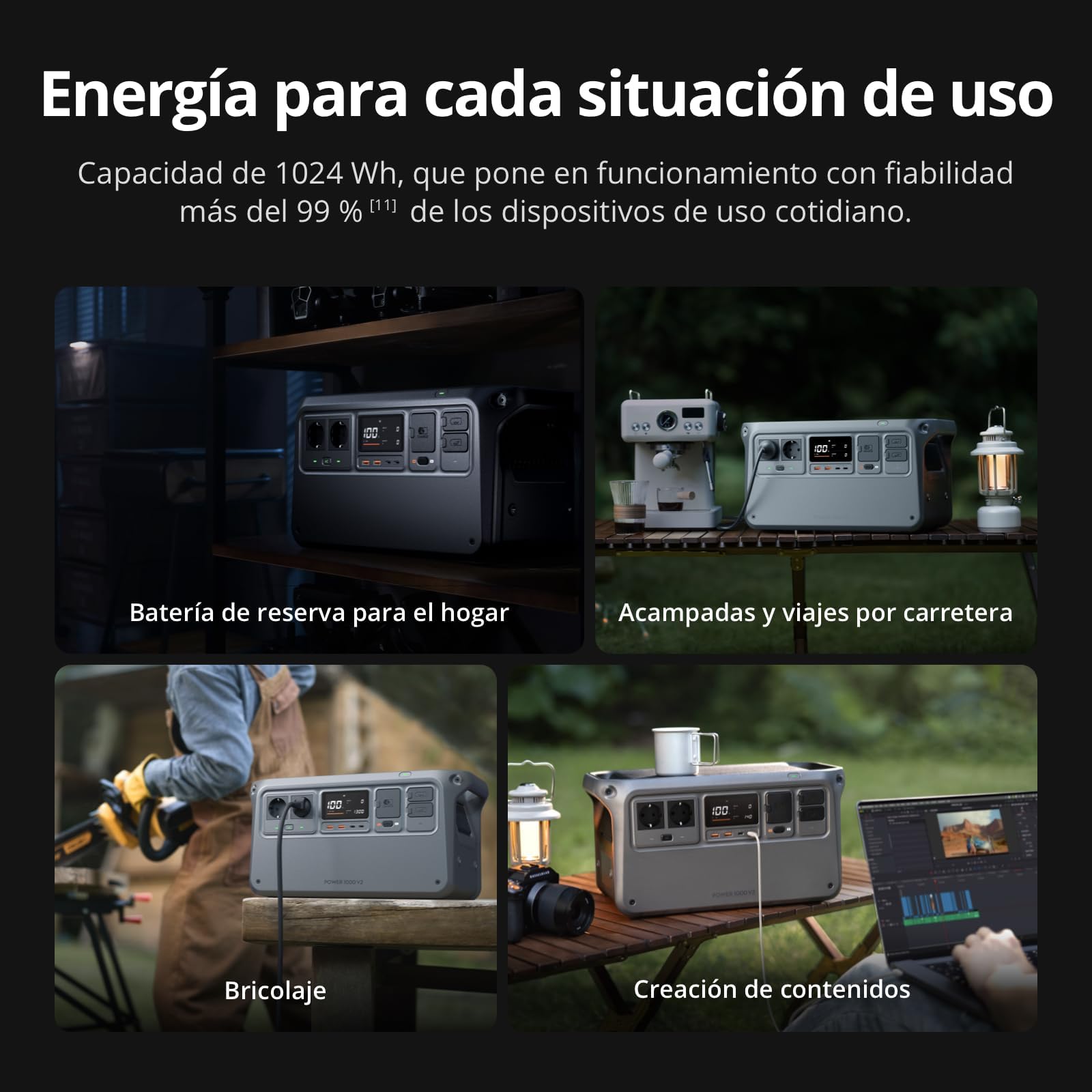 DJI Power 1000 V2 Estación de energía portátil, Batería LFP de 1024 Wh, Salida de 2600 W, Recarga del 0% al 80% en 37 minutos, Generador eléctrico para el hogar (con enchufe de 30 W incluido)