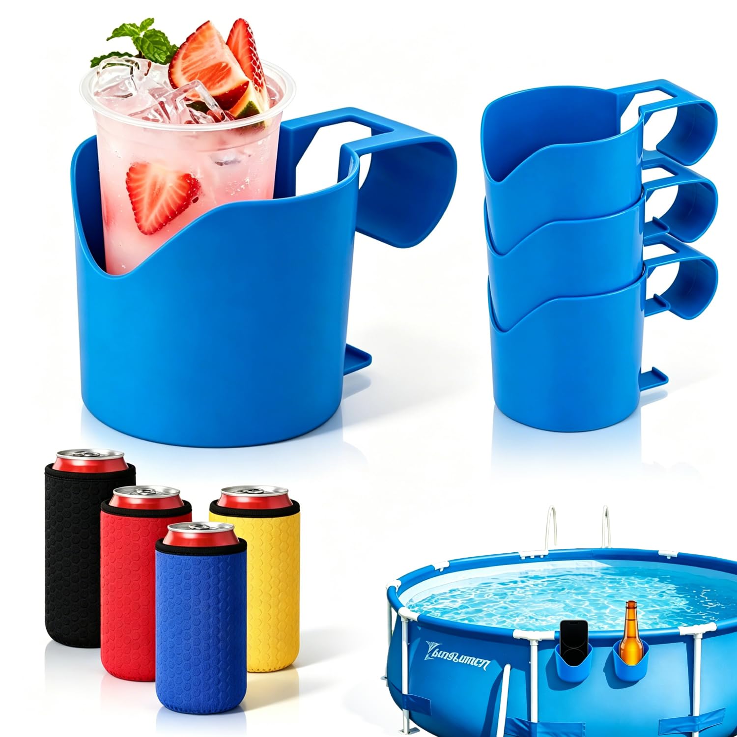 Pool Getränkehalter Set mit 4 Haltern und 4 Bierkühler Getränkehalter Pool zum Einhängen am Poolrand als Pool Zubehör für Oberirdische Pools Partys Bootfahren und Camping