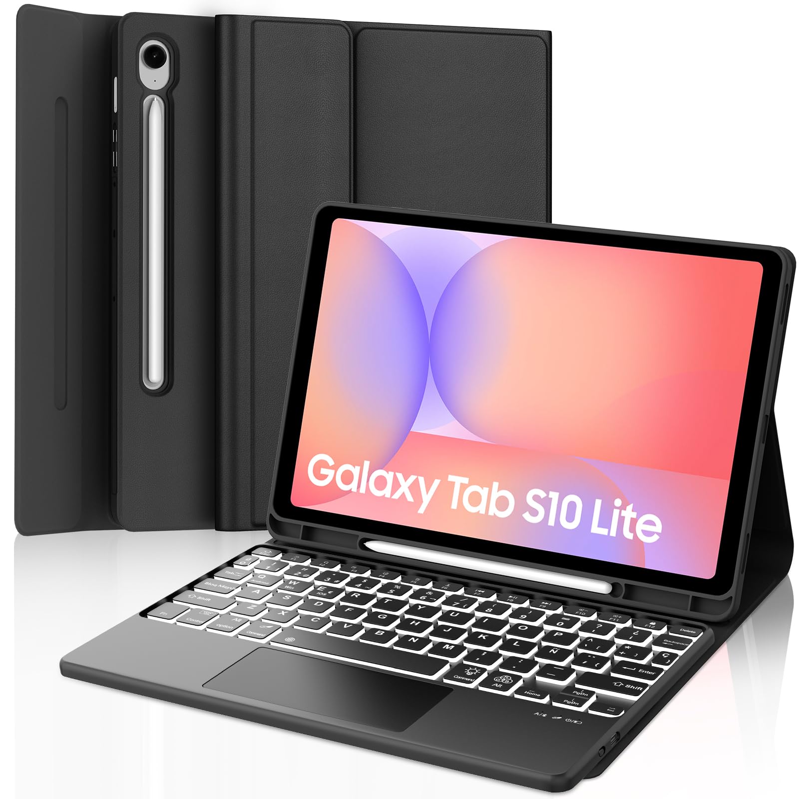 FOGARI Teclado con Touchpad para Samsung Tab S10 Lite/S10 FE/S9 FE 10.9" | Funda para Galaxy Tab S10 Lite con Español Ñ Teclado Retroiluminado Bluetooth con Trackpad, Negro