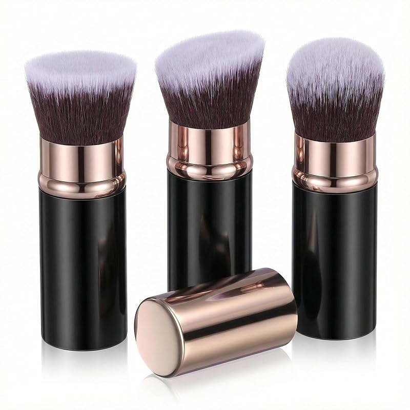 cobee Kit com 3 Pincéis Retráteis para Maquiagem, Kabuki para o Rosto, Preto e Dourado