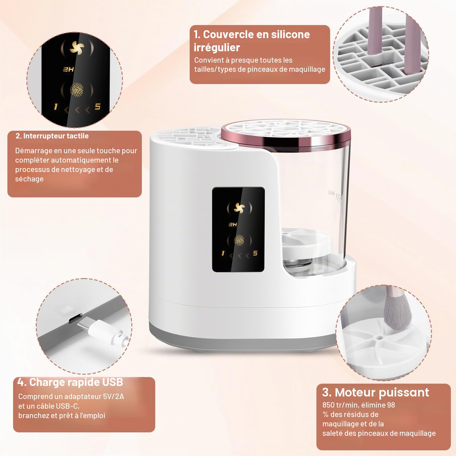 Nettoyeur automatique de pinceaux de maquillage 3 en 1 avec nettoyeur automatique de séchage et de stockage, nettoyeur de pinceaux de maquillage électrique Outil de nettoyage pour tous les