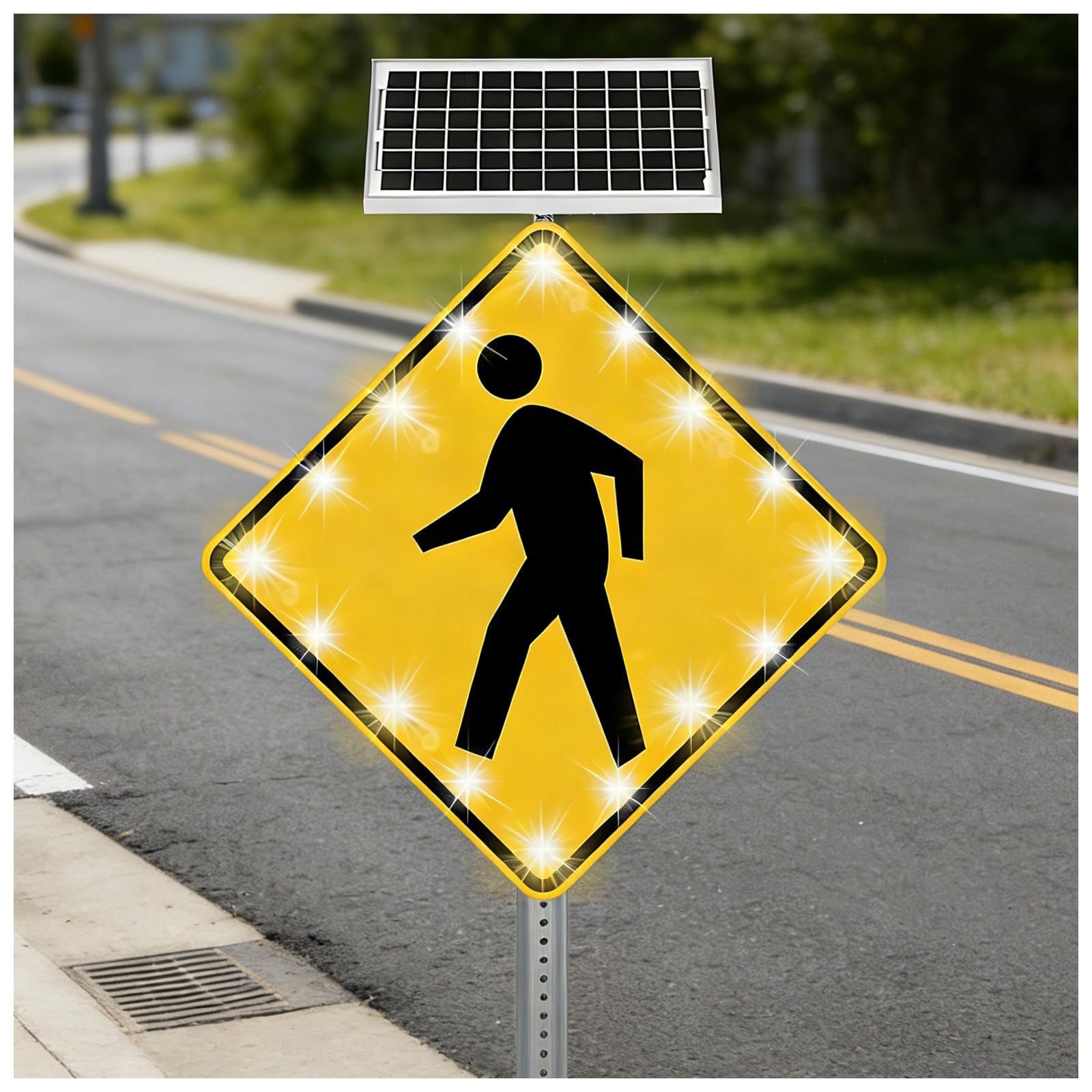 Señal Peatonal Solar LED Intermitente, 24x24 30x30 Pulgadas IP65 Aluminio, Cartel de Seguridad para Zonas Escolares, Áreas Residenciales y Calles 30in