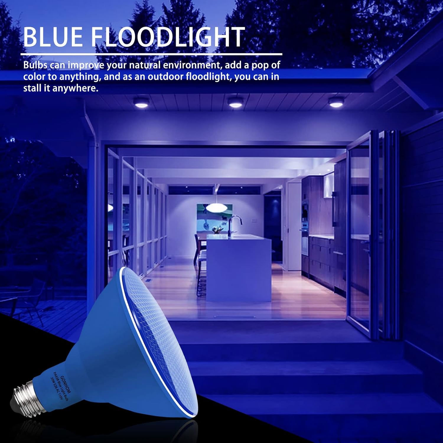 2 Pack PAR38 Blue Led Light Bulbs, Dimmable, 20W, E26 Base, Outdoor Indoor, Christmas Lighting, 1800 LM, Long Lifespan