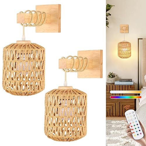 Wood Wall Sconce Battery Operated Set of 2, Boho Rechargeable