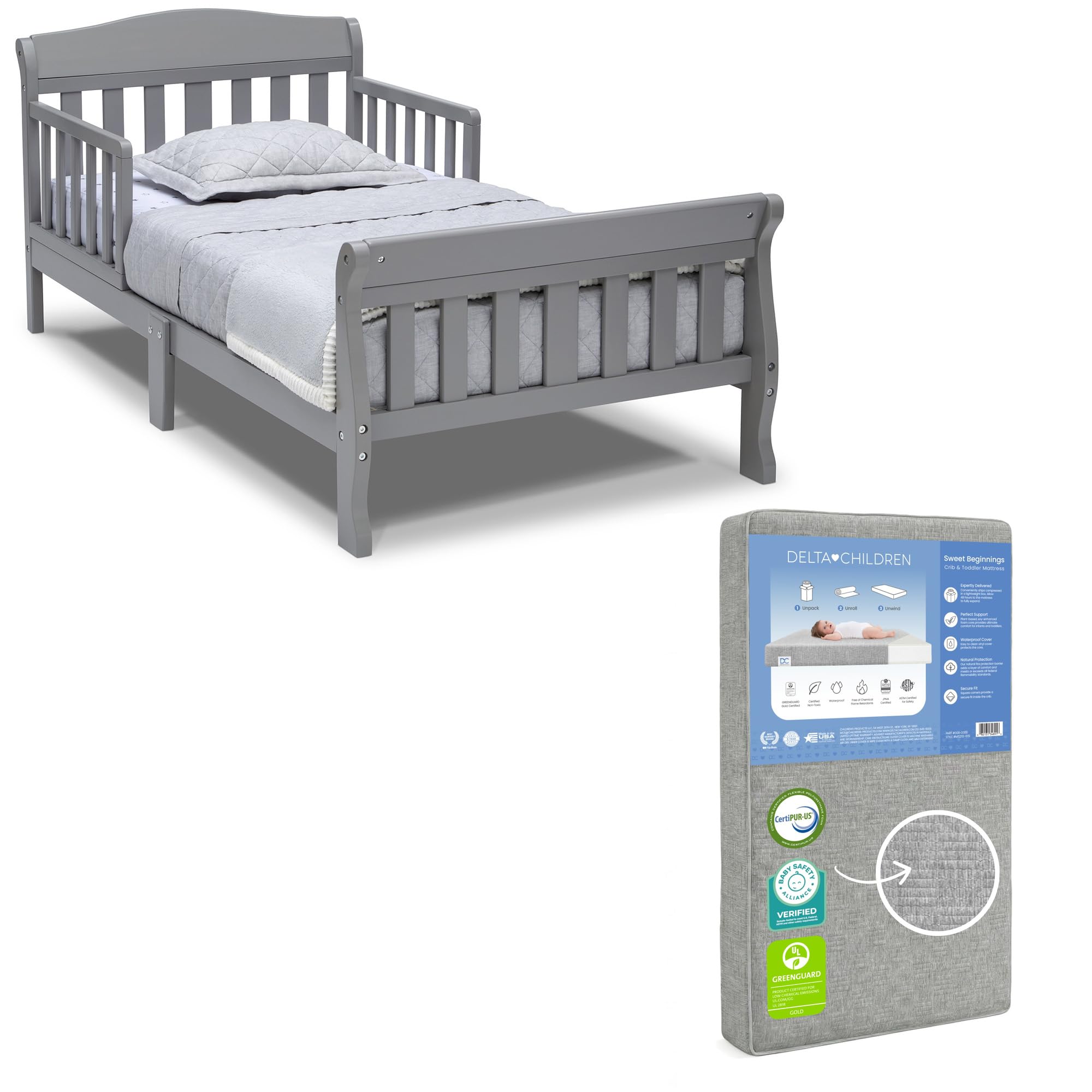 Delta Children Canton Toddler Bed &amp; Toddler Mattress, Grey