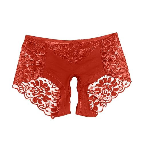 bawilom Seamless Panties Mesh Lace Bikini Briefs - Red - X-Large